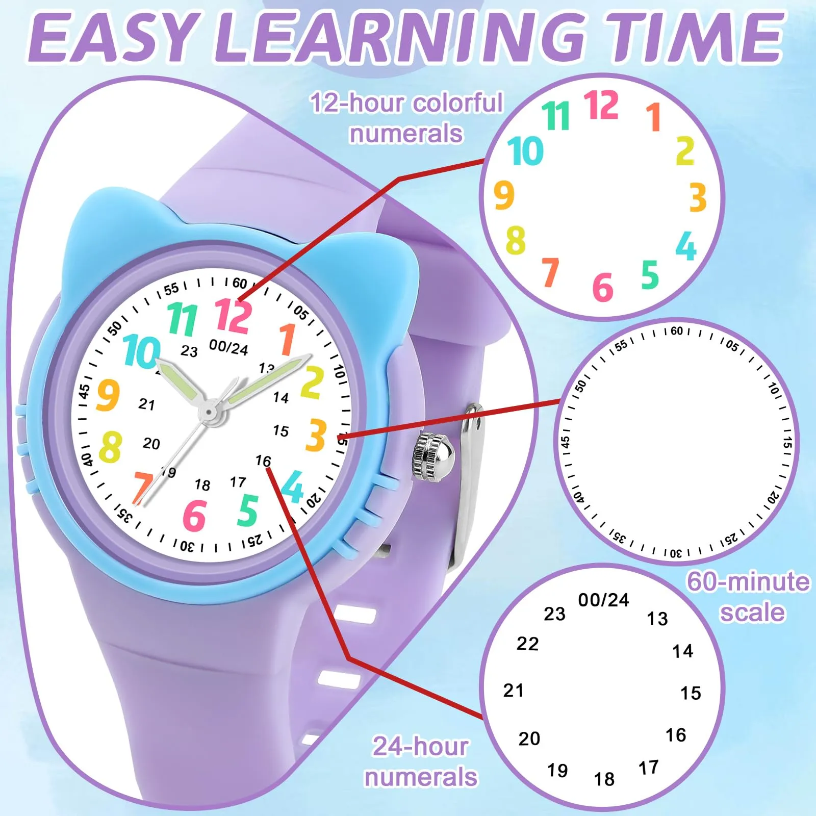 DTKID Orologio Bambini Analogico, Ghiera Girevole, Silicone (Viola Chiaro) - immagine 2
