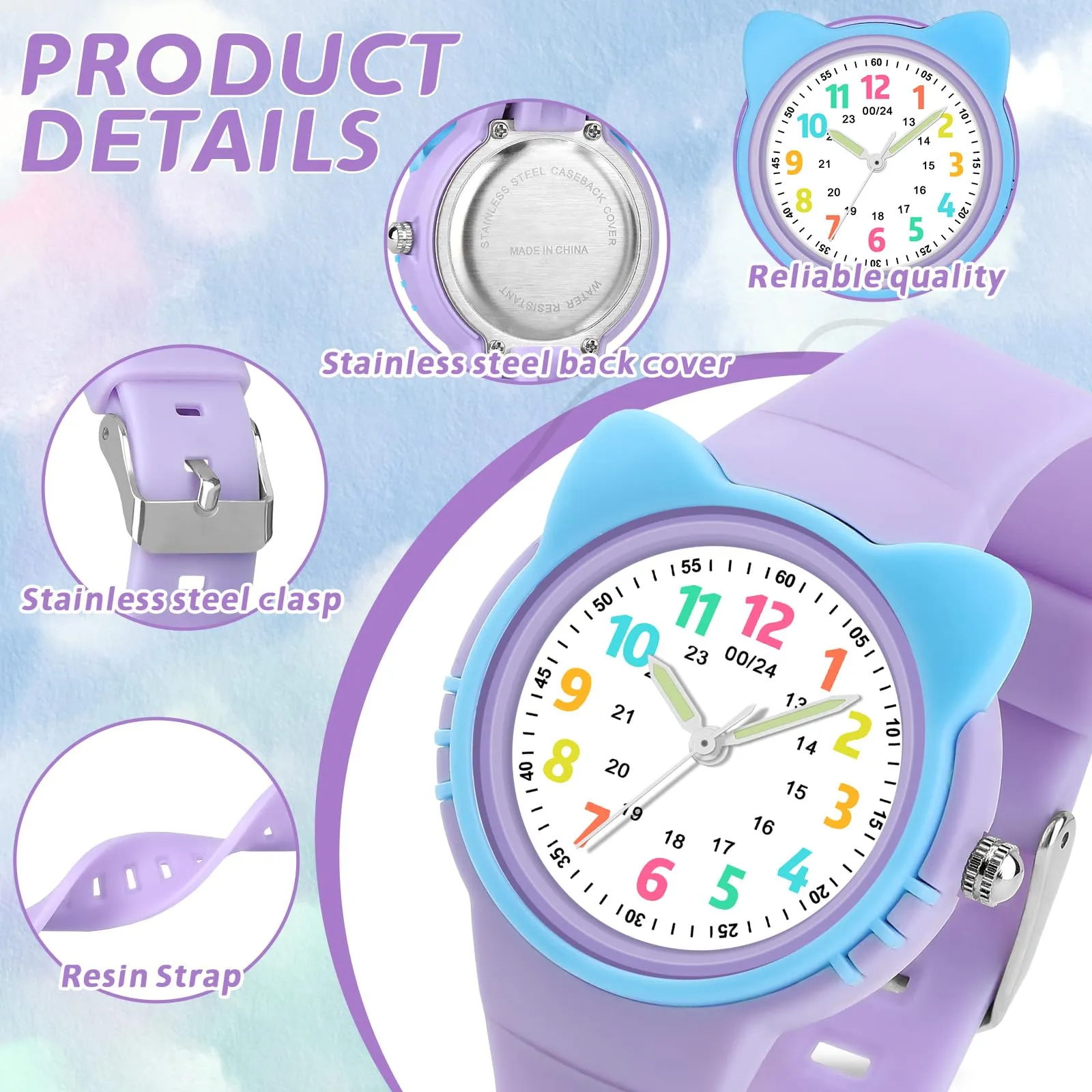 DTKID Orologio Bambini Analogico, Ghiera Girevole, Silicone (Viola Chiaro) - immagine 4