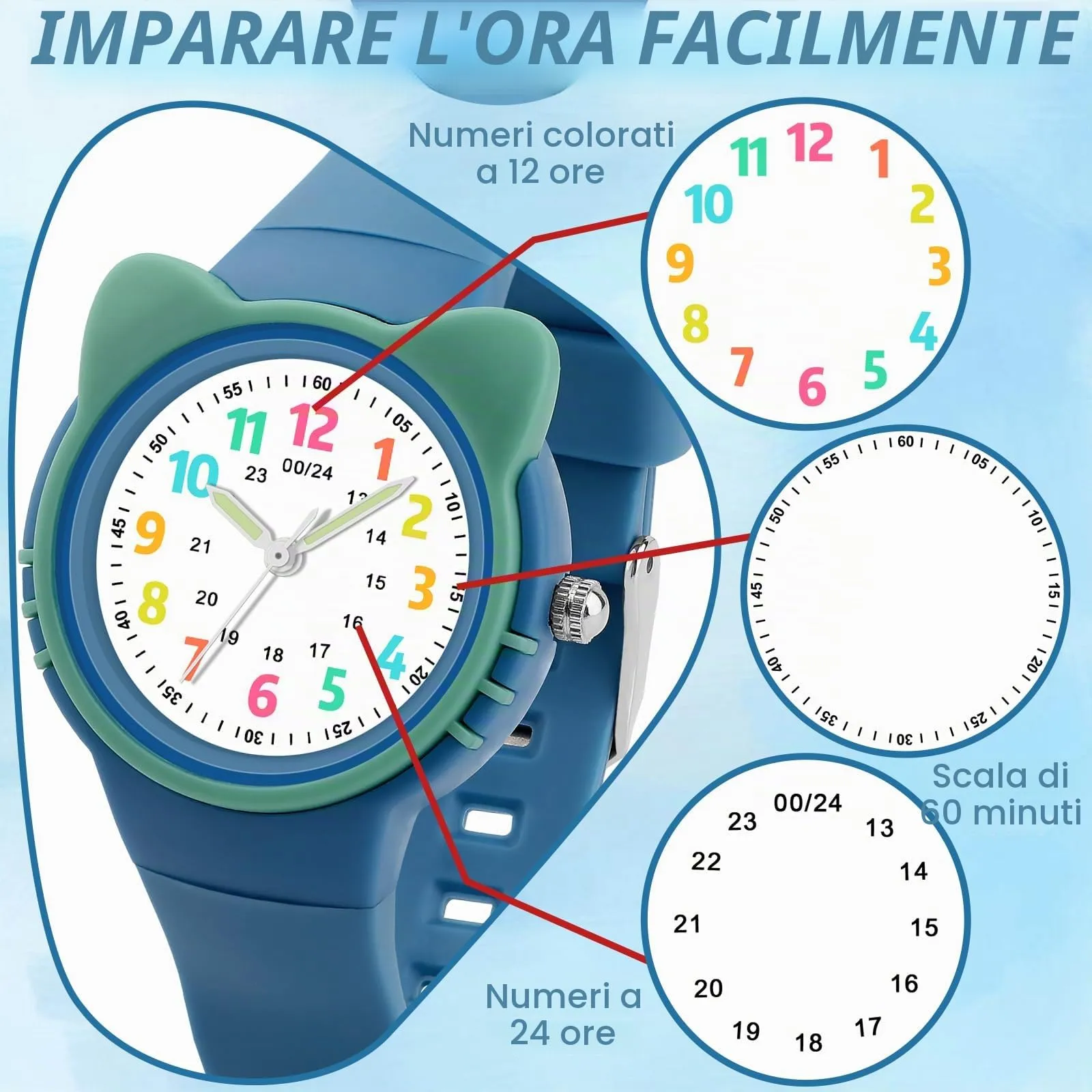 DTKID Orologio Bambini Analogico, Ghiera Girevole, Silicone (Azzurro) - immagine 2