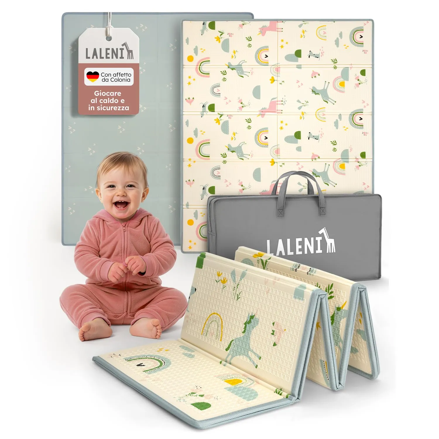 Laleni tappeto gioco bambini pieghevole 150x180x1cm - tappeto bambini impermeabile - tappeto gioco neonato isolante - morbido e protegge dal freddo del pavimento outdoor e indoor - design arcobaleno - immagine 1