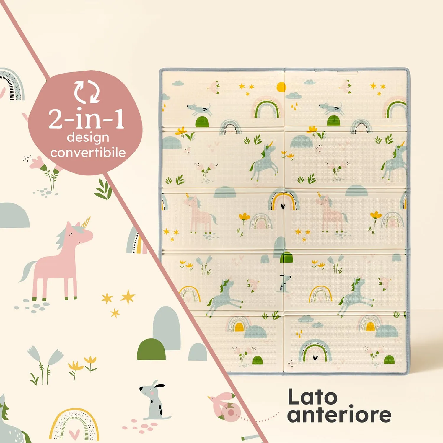 Laleni tappeto gioco bambini pieghevole 150x180x1cm - tappeto bambini impermeabile - tappeto gioco neonato isolante - morbido e protegge dal freddo del pavimento outdoor e indoor - design arcobaleno - immagine 3