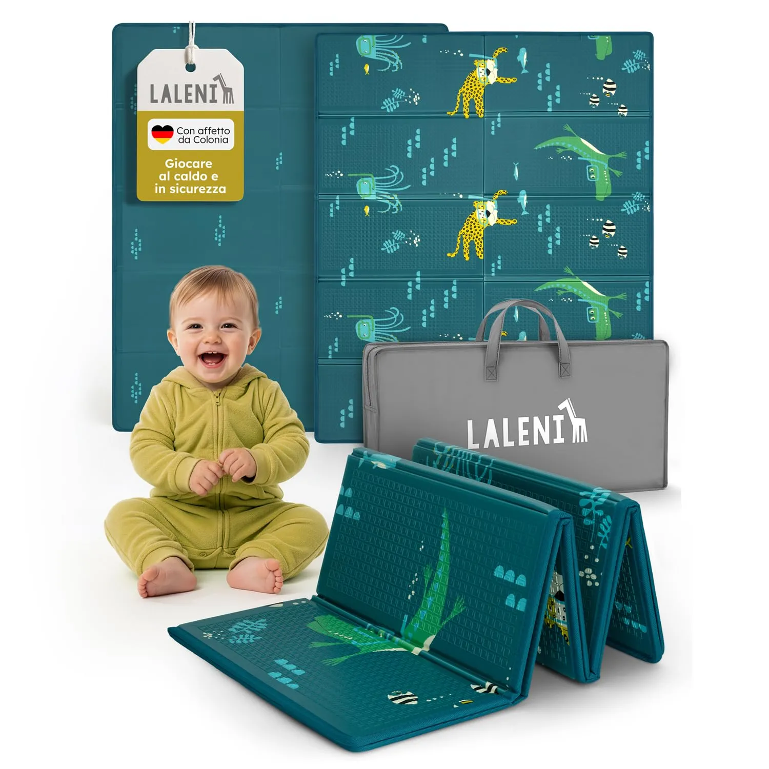 Laleni tappeto gioco bambini pieghevole 150x180x1cm - tappeto bambini impermeabile - tappeto gioco neonato isolante - morbido e protegge dal freddo del pavimento outdoor e indoor - design animali - immagine 1