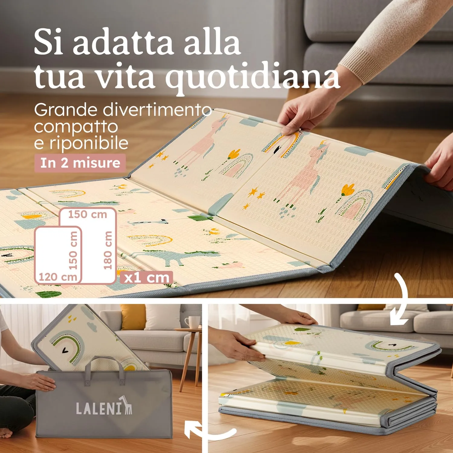Laleni tappeto gioco bambini pieghevole 120x150x1cm - tappeto bambini impermeabile - tappeto gioco neonato isolante - morbido e protegge dal freddo del pavimento outdoor e indoor - design arcobaleno - immagine 5