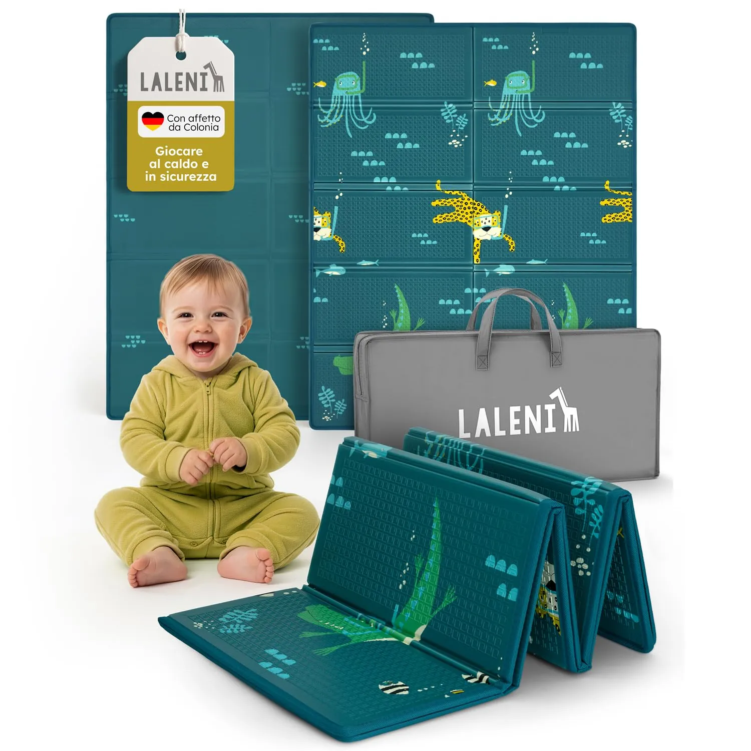 Laleni tappeto gioco bambini pieghevole 120x150x1cm - tappeto bambini impermeabile - tappeto gioco neonato isolante - morbido e protegge dal freddo del pavimento outdoor e indoor - design animali - immagine 1