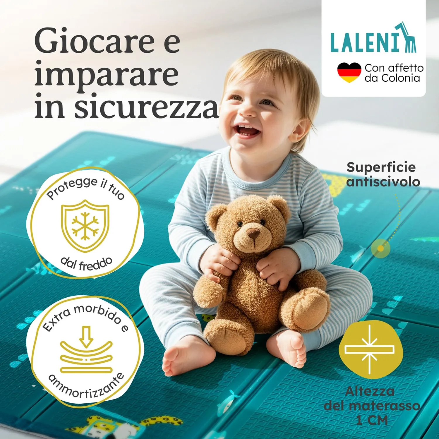 Laleni tappeto gioco bambini pieghevole 120x150x1cm - tappeto bambini impermeabile - tappeto gioco neonato isolante - morbido e protegge dal freddo del pavimento outdoor e indoor - design animali - immagine 2