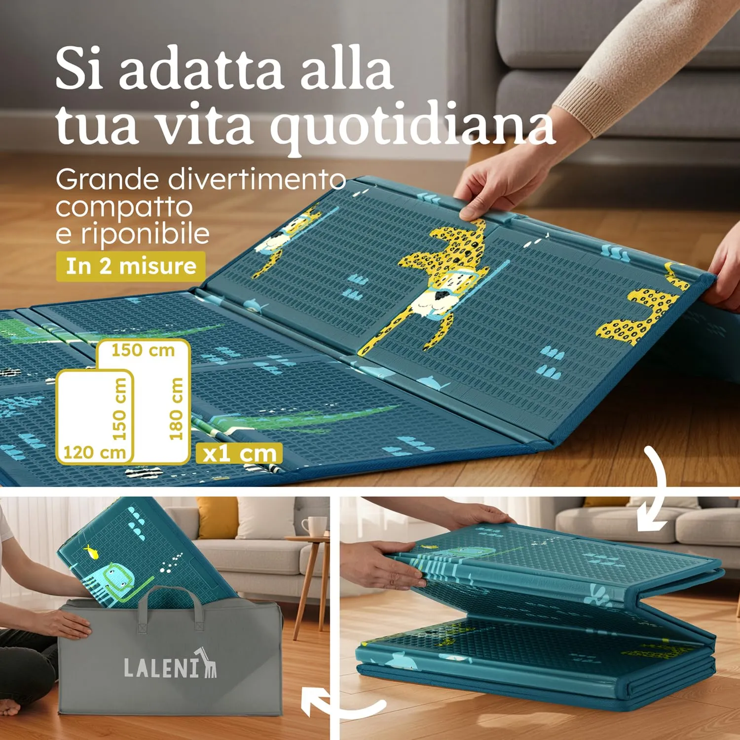 Laleni tappeto gioco bambini pieghevole 120x150x1cm - tappeto bambini impermeabile - tappeto gioco neonato isolante - morbido e protegge dal freddo del pavimento outdoor e indoor - design animali - immagine 5