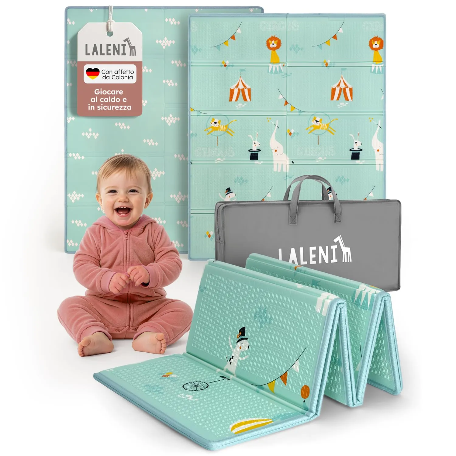 Laleni tappeto gioco bambini pieghevole 120x150x1cm - tappeto bambini impermeabile - tappeto gioco neonato isolante - morbido e protegge dal freddo del pavimento outdoor e indoor - design circo - immagine 1