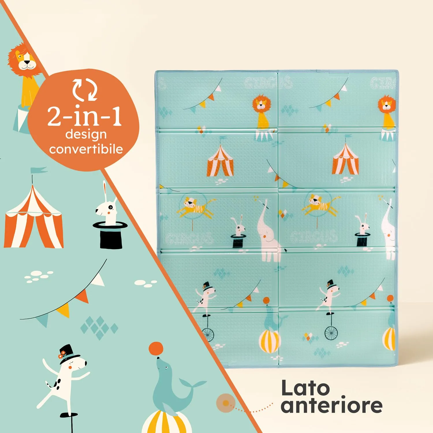 Laleni tappeto gioco bambini pieghevole 120x150x1cm - tappeto bambini impermeabile - tappeto gioco neonato isolante - morbido e protegge dal freddo del pavimento outdoor e indoor - design circo - immagine 3