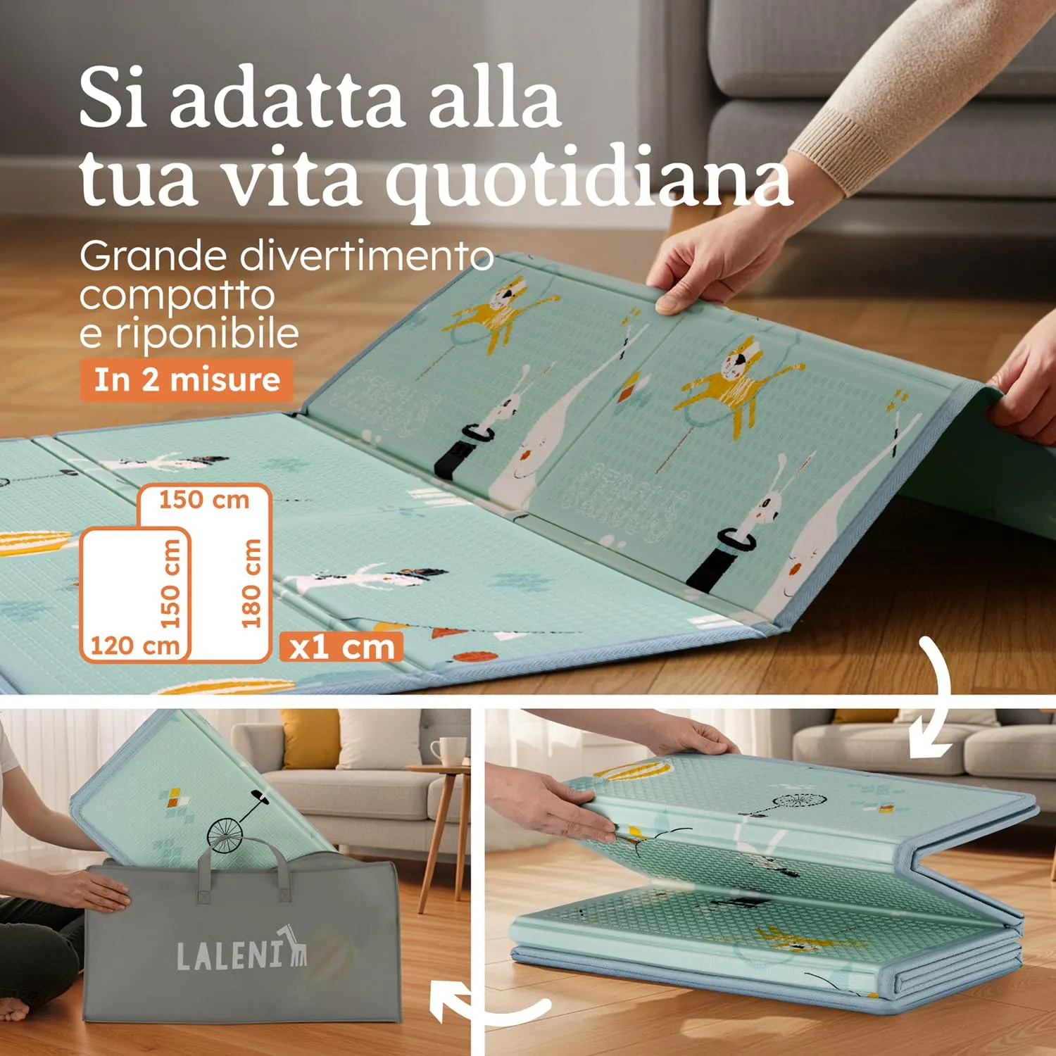 Laleni tappeto gioco bambini pieghevole 150x180x1cm - tappeto bambini impermeabile - tappeto gioco neonato isolante - morbido e protegge dal freddo del pavimento outdoor e indoor - design circo - immagine 5