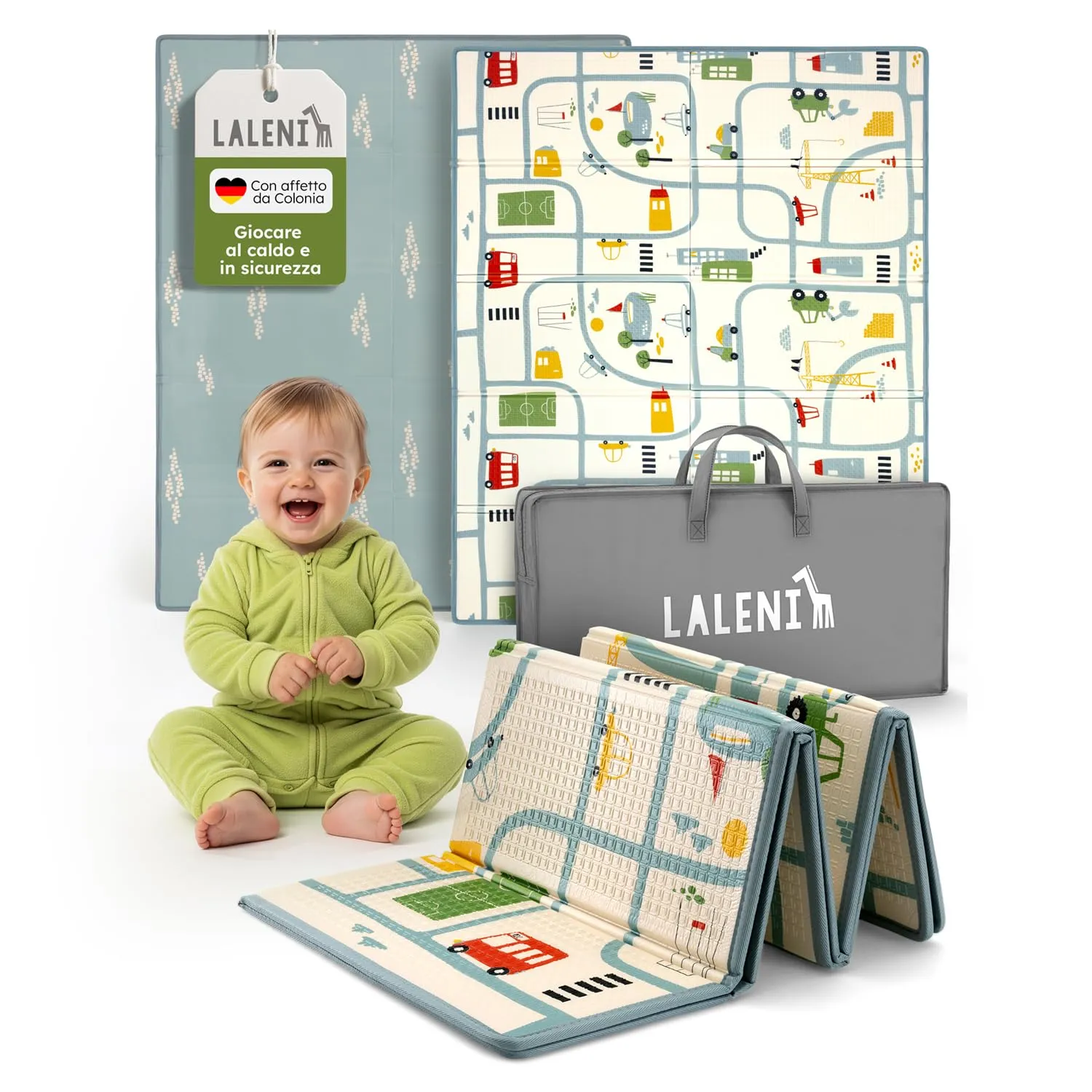 Laleni tappeto gioco bambini pieghevole 150x180x1cm - tappeto bambini impermeabile - tappeto gioco neonato isolante - morbido e protegge dal freddo del pavimento outdoor e indoor - design città - immagine 1
