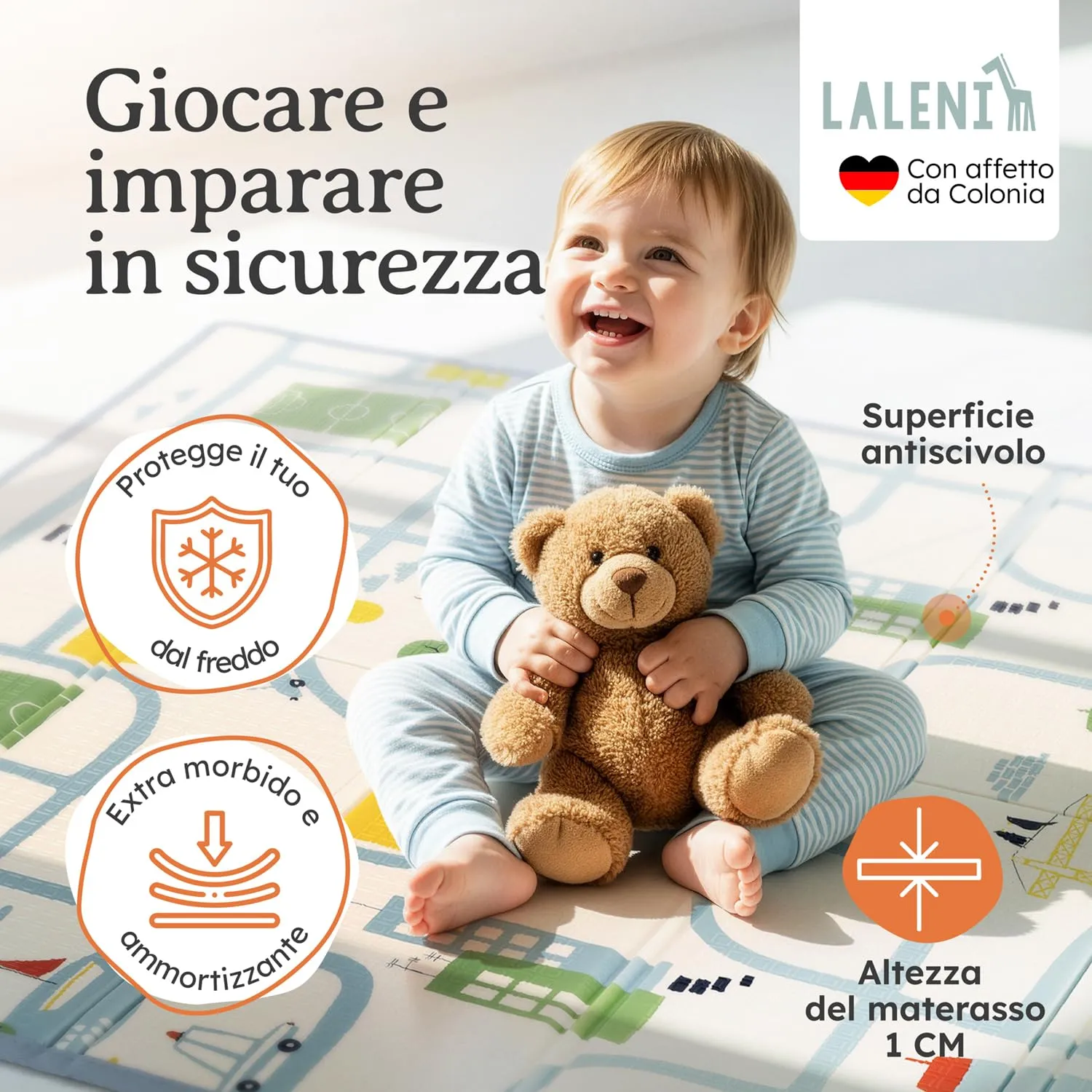 Laleni tappeto gioco bambini pieghevole 150x180x1cm - tappeto bambini impermeabile - tappeto gioco neonato isolante - morbido e protegge dal freddo del pavimento outdoor e indoor - design città - immagine 2