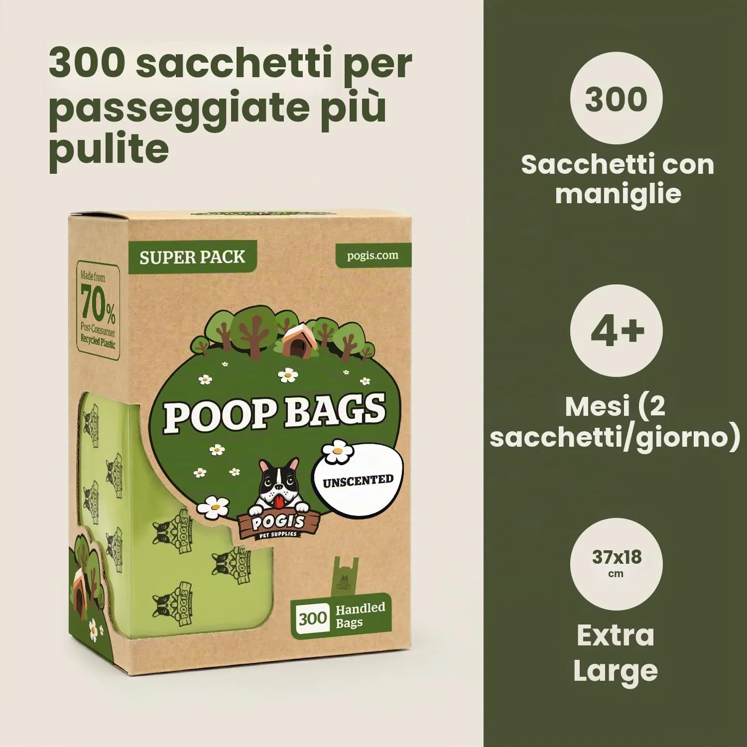 Pogi sacchetti igienici con manici per cani, senza profumo e ultra resistenti, 300 pezzi - immagine 6