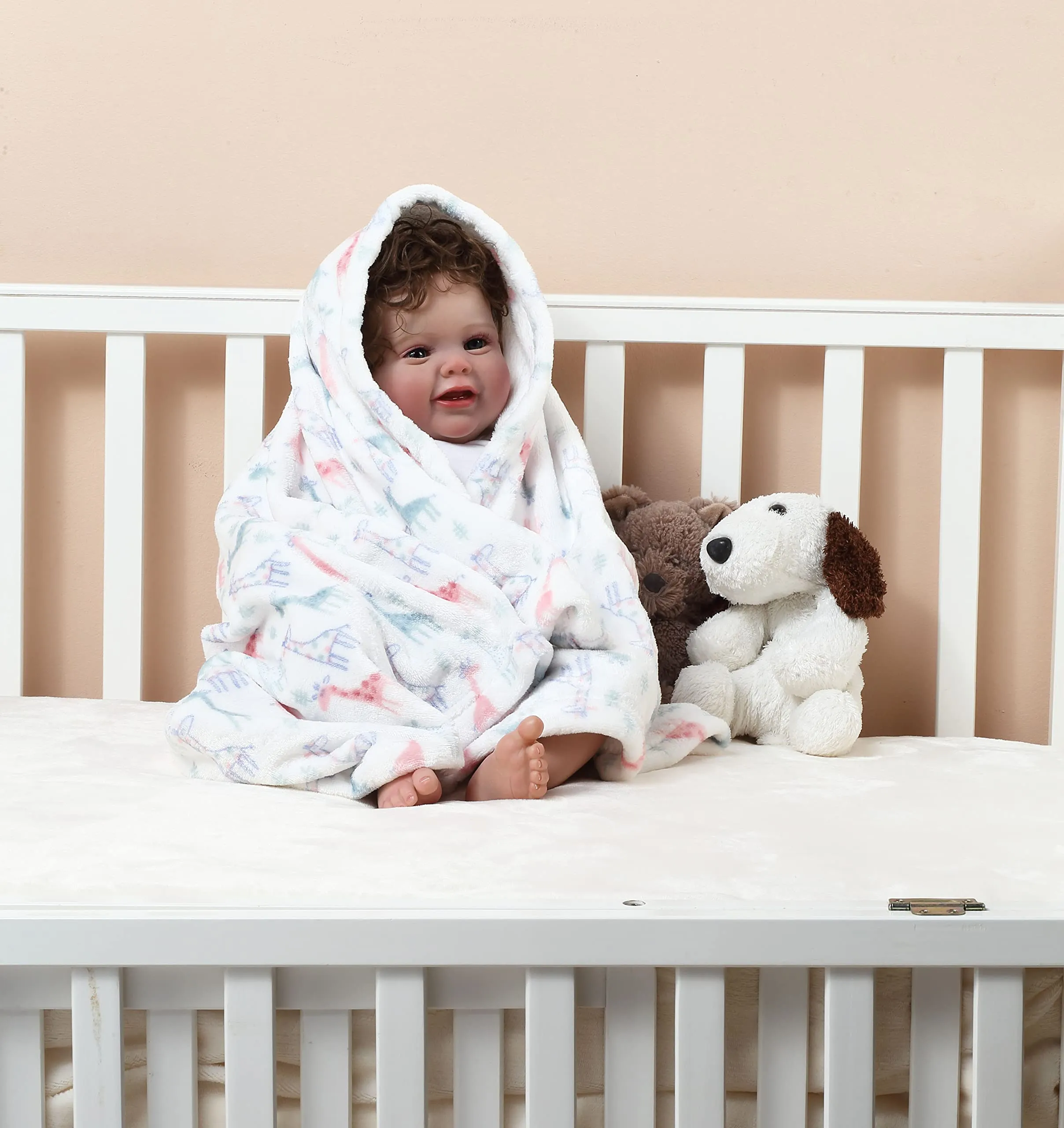 CREVENT, Graziosa copertina per bambini e bambine in morbidissimo peluche, per culla e passeggino, adatta a tutte le stagioni (75 x 100 cm, avorio, motivo con giraffa) - immagine 4