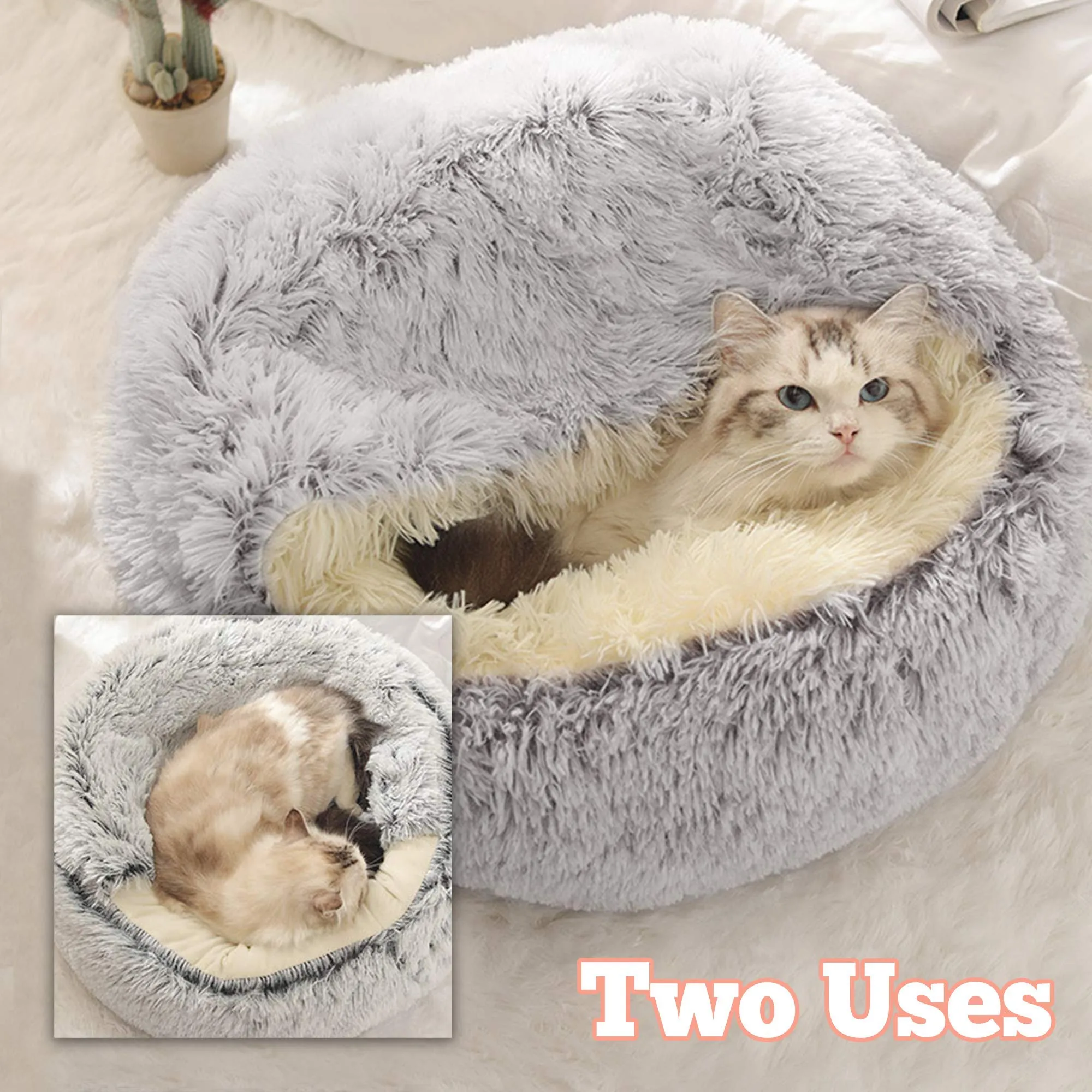 Queta Cuccia per Gatti Cani, 2 in 1 Lettino Morbido per Gatti Cani in Soffice Lanugine, Morbido in Uso Aperto e Caldo in Uso Semichiuso per Piccoli Animali Comestici, 40 x 40 cm - immagine 5