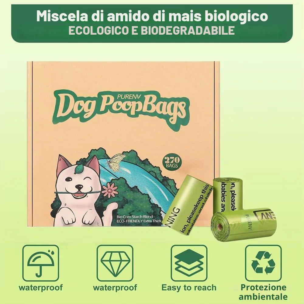 PURENV Biodegradabili Sacchetti Cane, 270 Sacchetti Extra Spesso a Prova di perdite, Sacchetti Cane Fatti da Miscela di Amido di Mais - immagine 4