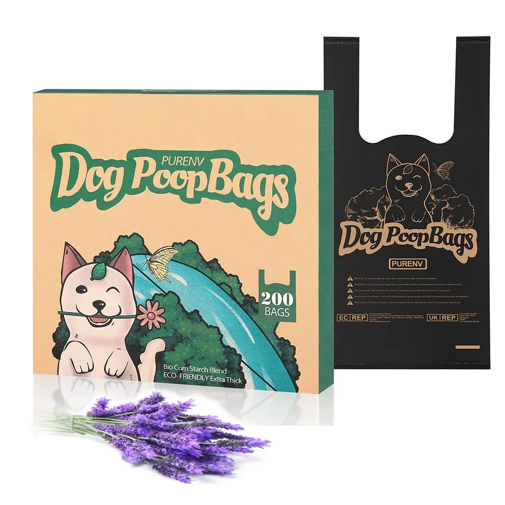 PURENV Biodegradabili Sacchetti Cane, 200 Pezzi Ecologico Sacchettini per Pupù per Cani con Manici, 18 * 38 CM Extra Grande, 100% Prova di Perdite Ultra spessa, Super Forte, con Dispenser Scatola - immagine 1