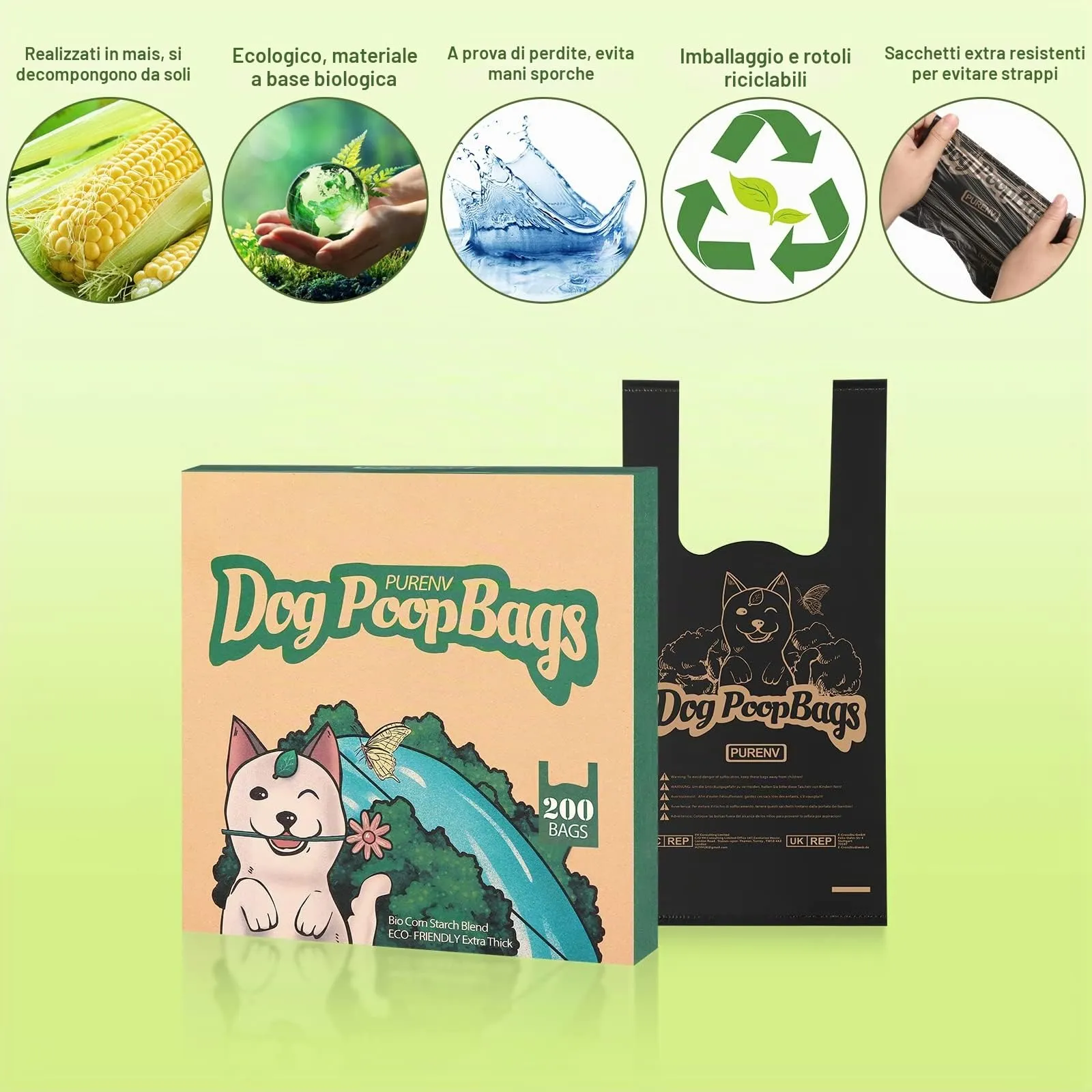 PURENV Biodegradabili Sacchetti Cane, 200 Pezzi Ecologico Sacchettini per Pupù per Cani con Manici, 18 * 38 CM Extra Grande, 100% Prova di Perdite Ultra spessa, Super Forte, con Dispenser Scatola - immagine 2