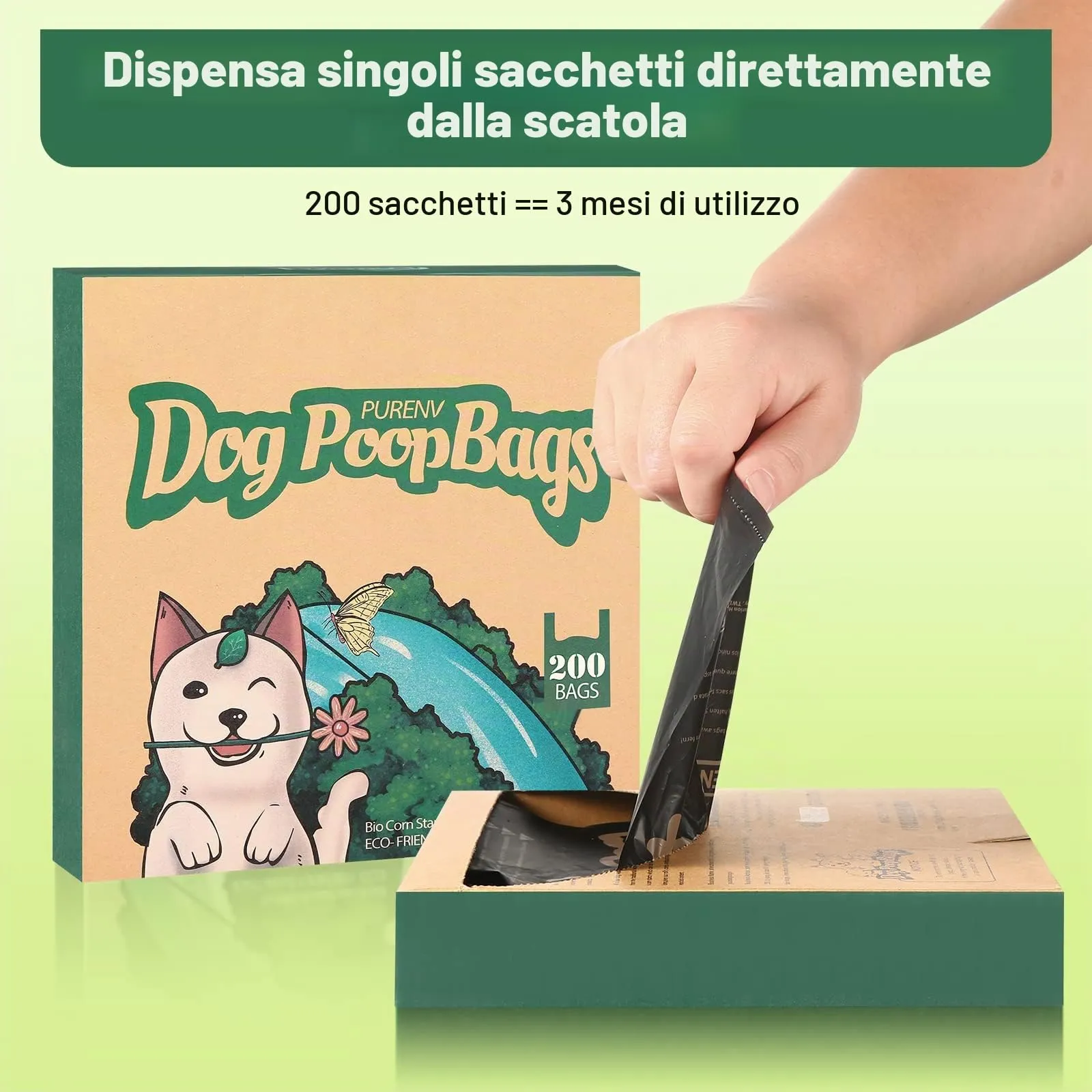 PURENV Biodegradabili Sacchetti Cane, 200 Pezzi Ecologico Sacchettini per Pupù per Cani con Manici, 18 * 38 CM Extra Grande, 100% Prova di Perdite Ultra spessa, Super Forte, con Dispenser Scatola - immagine 5
