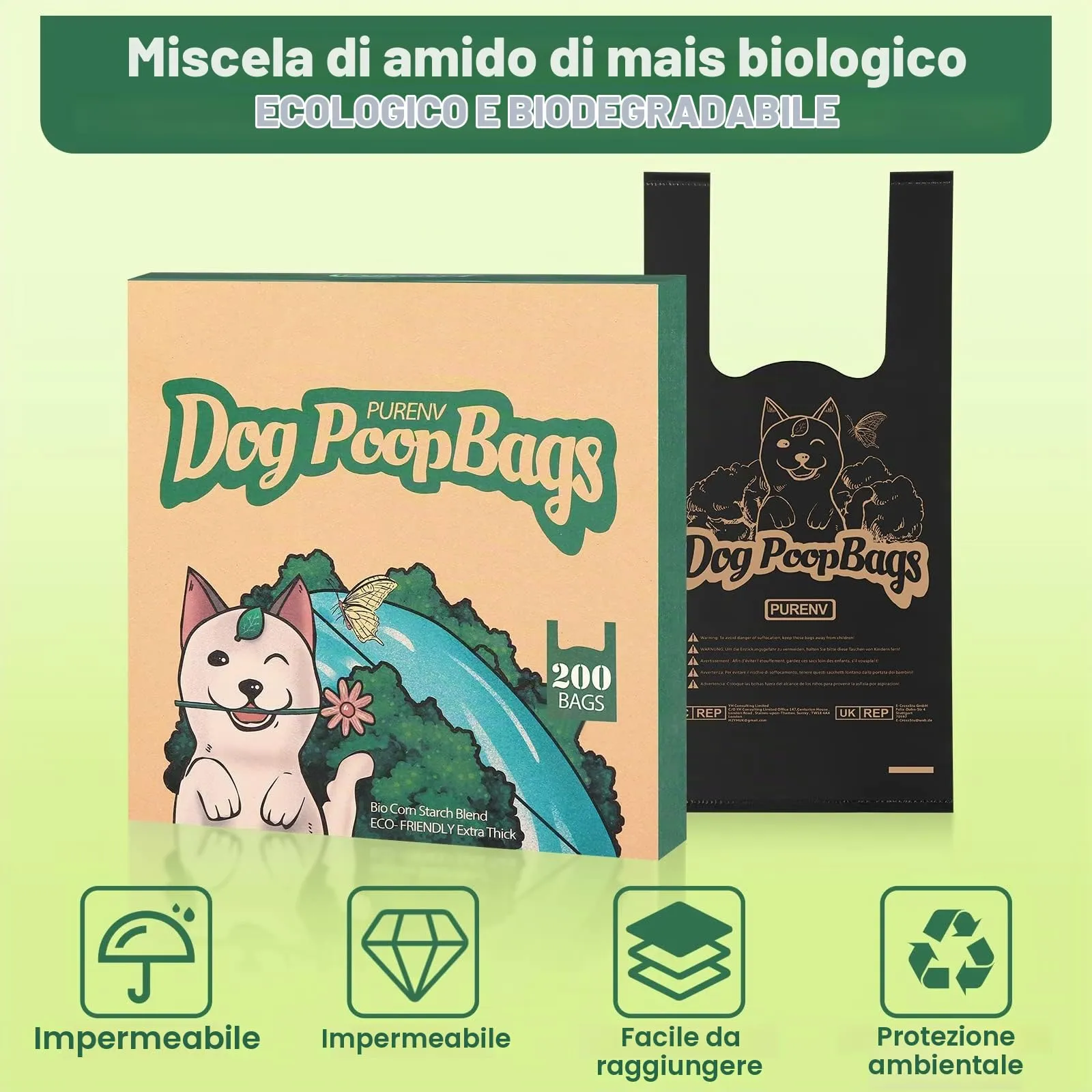 PURENV Biodegradabili Sacchetti Cane, 200 Pezzi Ecologico Sacchettini per Pupù per Cani con Manici, 18 * 38 CM Extra Grande, 100% Prova di Perdite Ultra spessa, Super Forte, con Dispenser Scatola - immagine 7