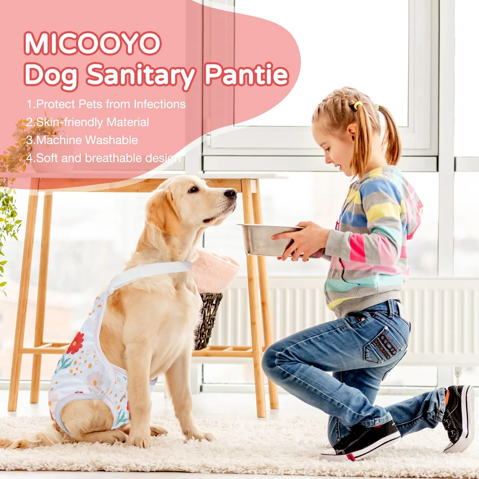 MICOOYO Mutandine mestruali per cani confezione da 3, pannolini riutilizzabili per cani femmina con bretelle regolabili, mutandine igieniche lavabili per cani femmine gatti cuccioli (fiori, M) - immagine 7