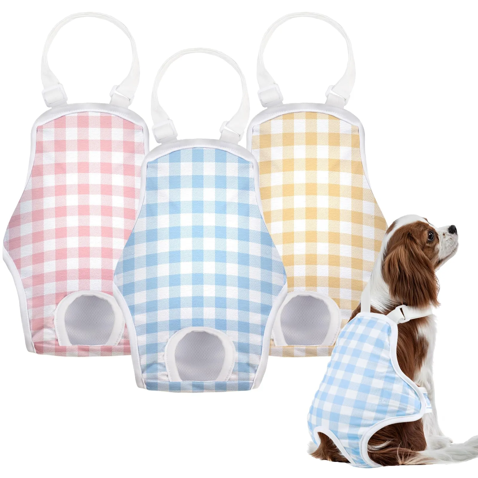 MICOOYO Pantaloni mestruali per cani, confezione da 3, pannolini riutilizzabili per cani femmina con bretelle regolabili, mutandine igieniche lavabili per cani femmina, gatti, cuccioli (a quadri, XL) - immagine 1
