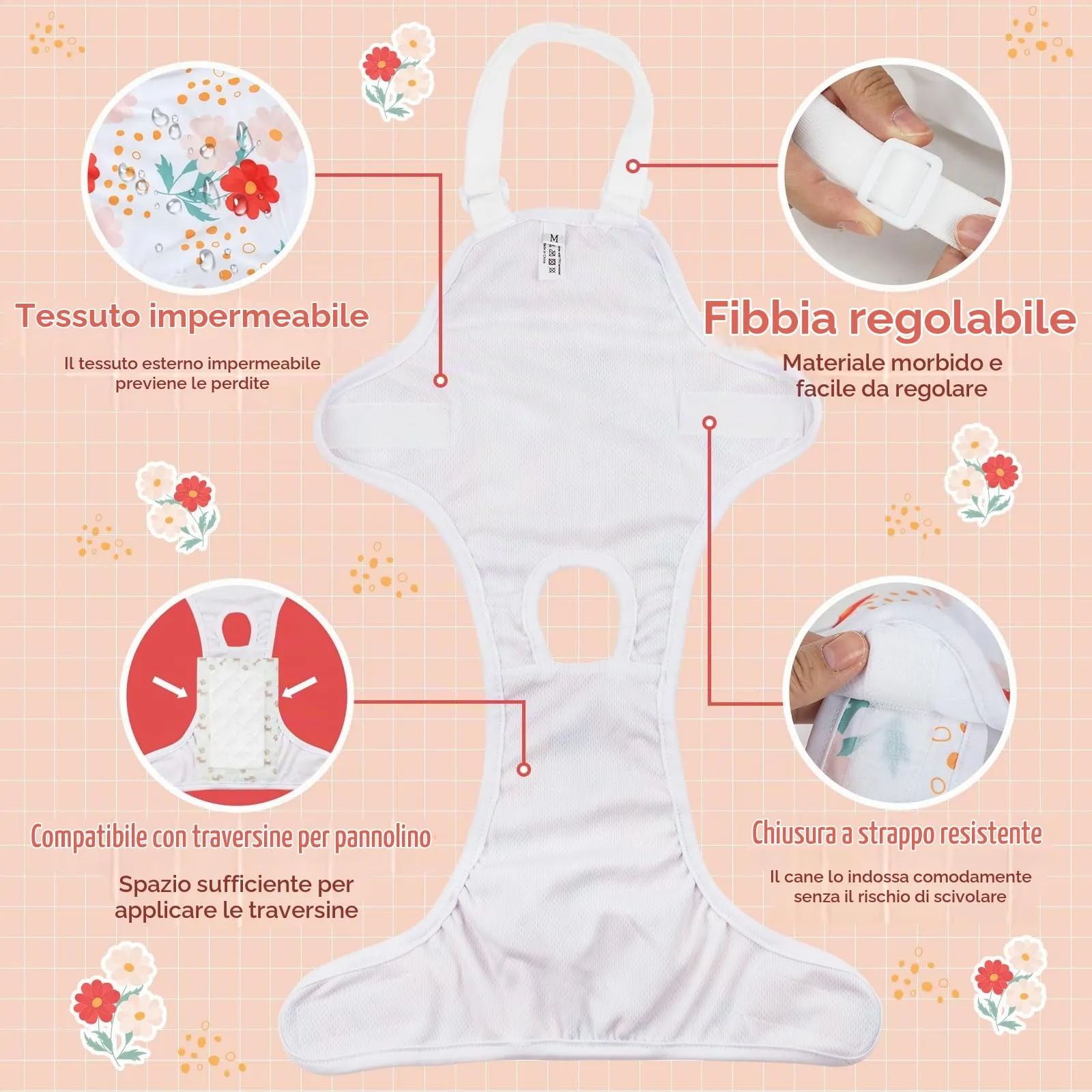 MICOOYO Pantaloni mestruali per cani, confezione da 3 pannolini riutilizzabili per cani, femminili, con bretelle regolabili, mutandine igieniche lavabili per cani femmine, gatti, cuccioli (Fiori, L) - immagine 4
