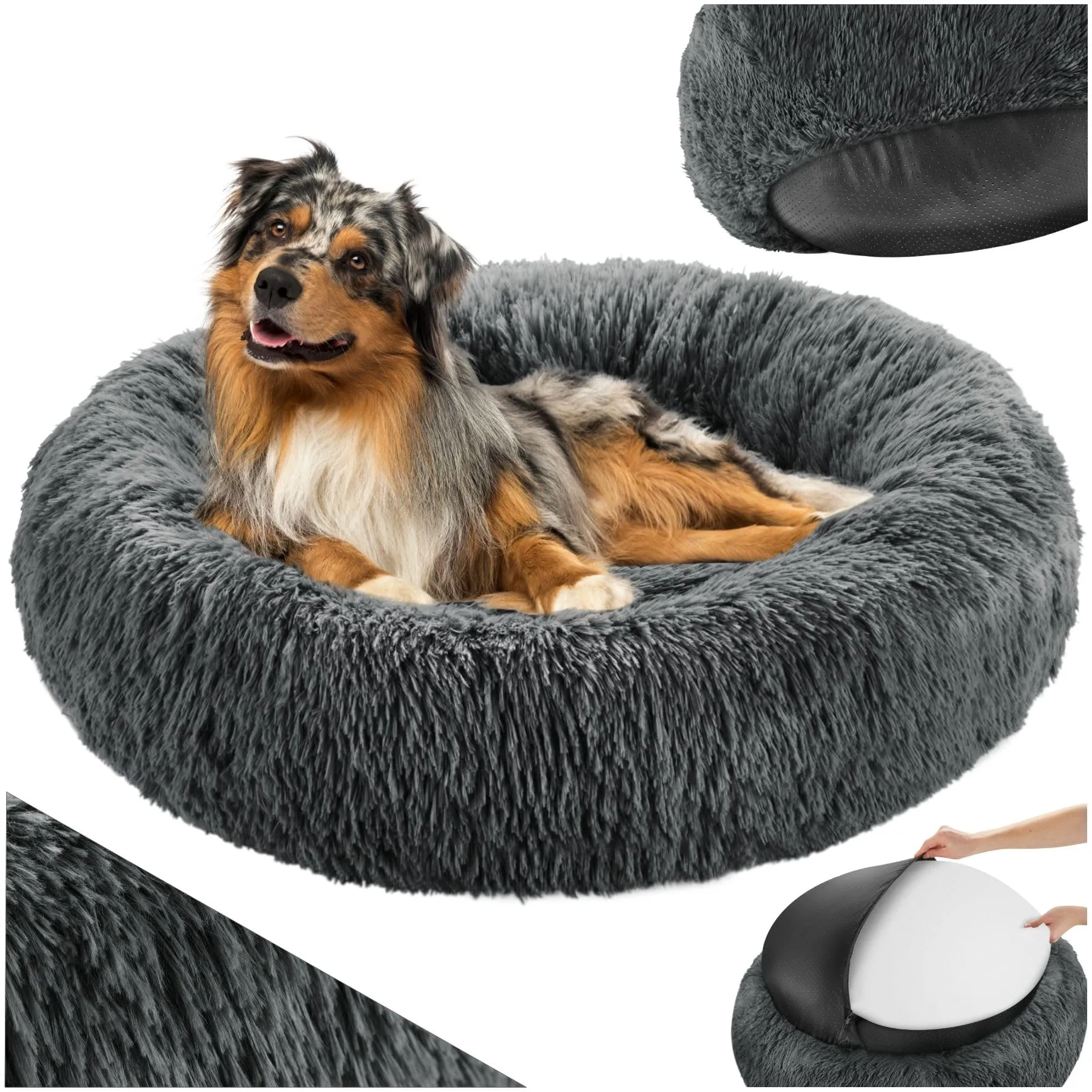 tectake® Lettino per Cani, Cuccia per Cani da Interno con Rivestimento Lavabile in Peluche Lungo, Imbottitura Spessa, Bordo Rialzato, Chiusura Lampo, Nodi Antiscivolo - Ø 60 cm - immagine 1