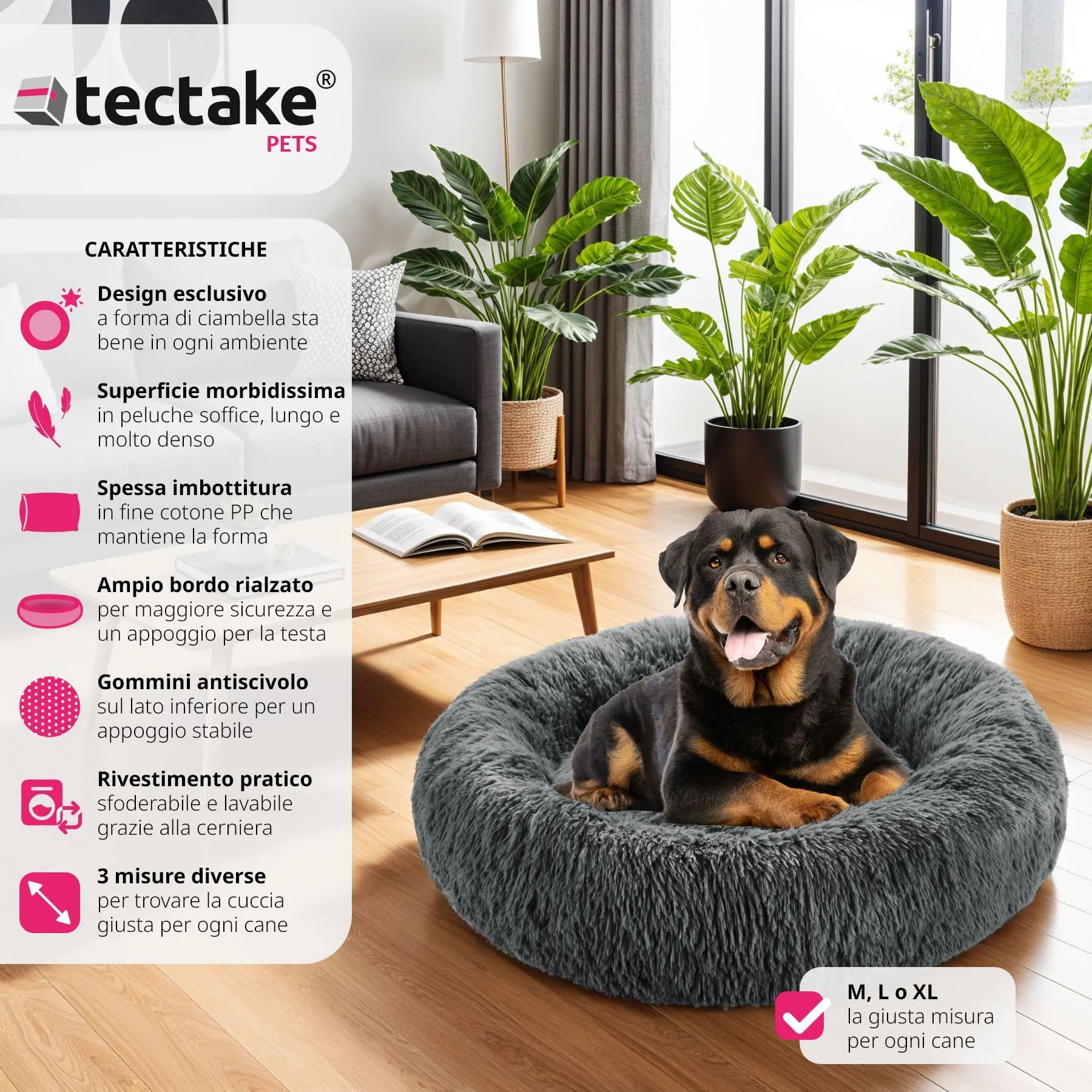 tectake® Lettino per Cani, Cuccia per Cani da Interno con Rivestimento Lavabile in Peluche Lungo, Imbottitura Spessa, Bordo Rialzato, Chiusura Lampo, Nodi Antiscivolo - Ø 60 cm - immagine 2