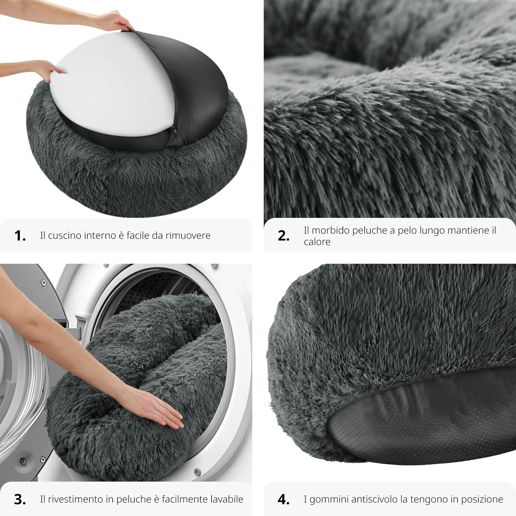 tectake® Lettino per Cani, Cuccia per Cani da Interno con Rivestimento Lavabile in Peluche Lungo, Imbottitura Spessa, Bordo Rialzato, Chiusura Lampo, Nodi Antiscivolo - Ø 60 cm - immagine 5