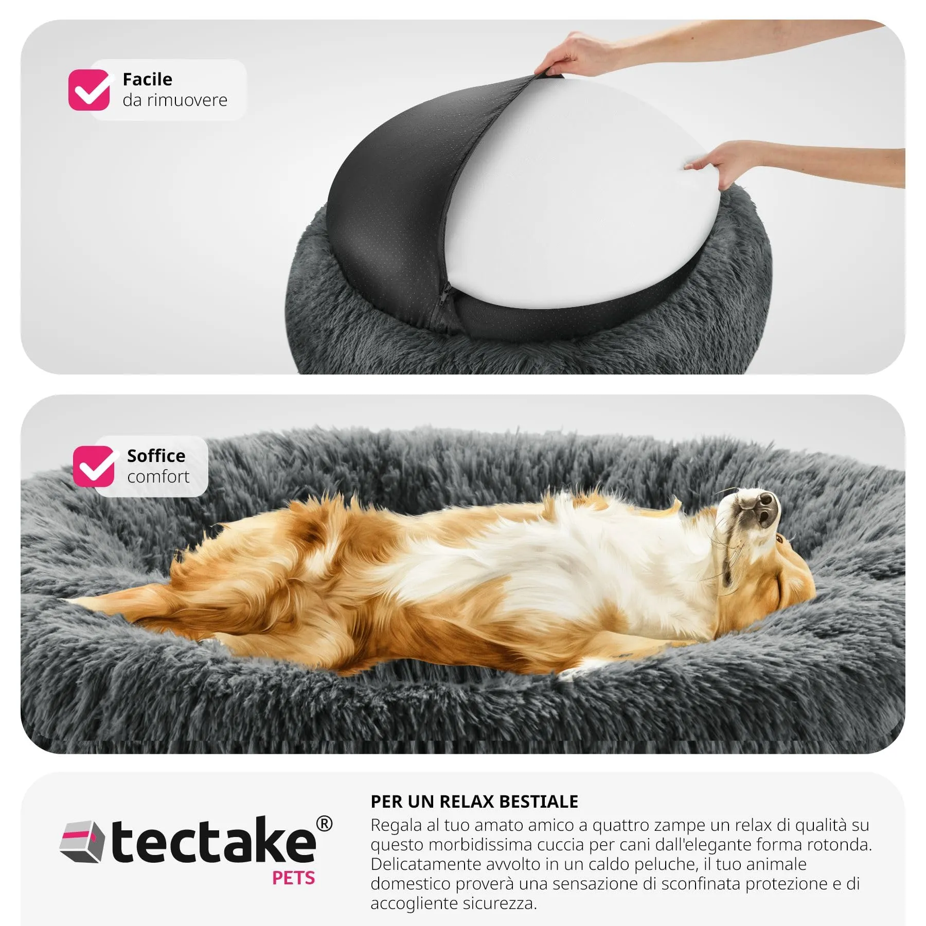 tectake® Lettino per Cani, Cuccia per Cani da Interno con Rivestimento Lavabile in Peluche Lungo, Imbottitura Spessa, Bordo Rialzato, Chiusura Lampo, Nodi Antiscivolo - Ø 60 cm - immagine 7