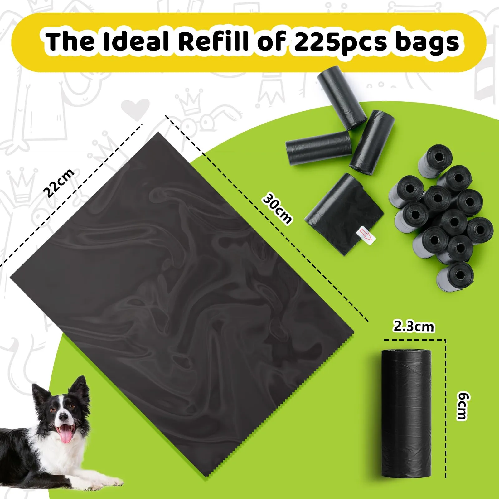 AiQInu 225 Pezzi Sacchetti Cane Cacca, Nero Sacchetti per Cani, Portatili Bustine Cane, Sacchetti per Escrementi di Cane, Extra Spessi, 22 * 30cm (15 Rotoli, 15 per per Rotolo) - immagine 4