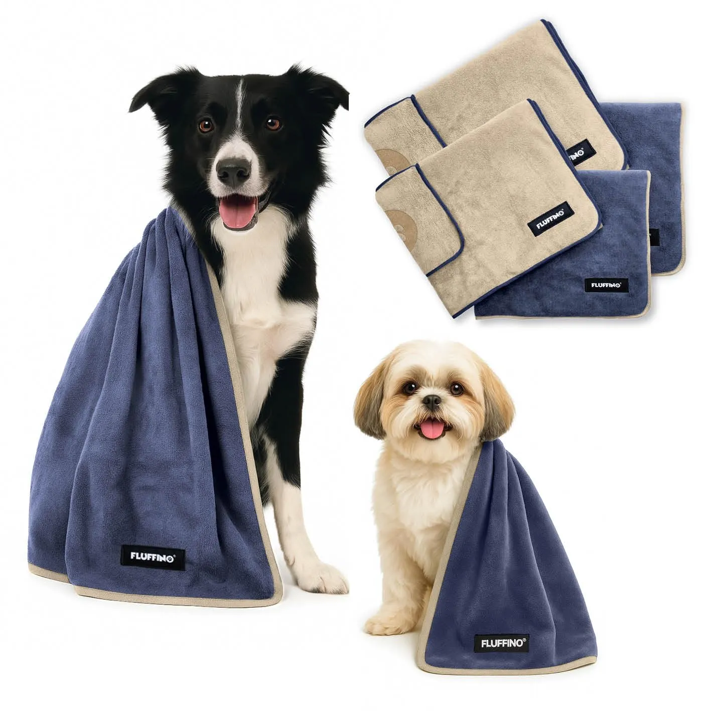 FLUFFINO Set di 4 Asciugamani per Cani, 2 Asciugamani da 120 x 70 cm e 2 da 90 x 50 cm, Estremamente assorbenti e Morbidi, Lavabili a 60 °C, ad Asciugatura Rapida, per Cani di Taglia Piccola, Media e - immagine 1