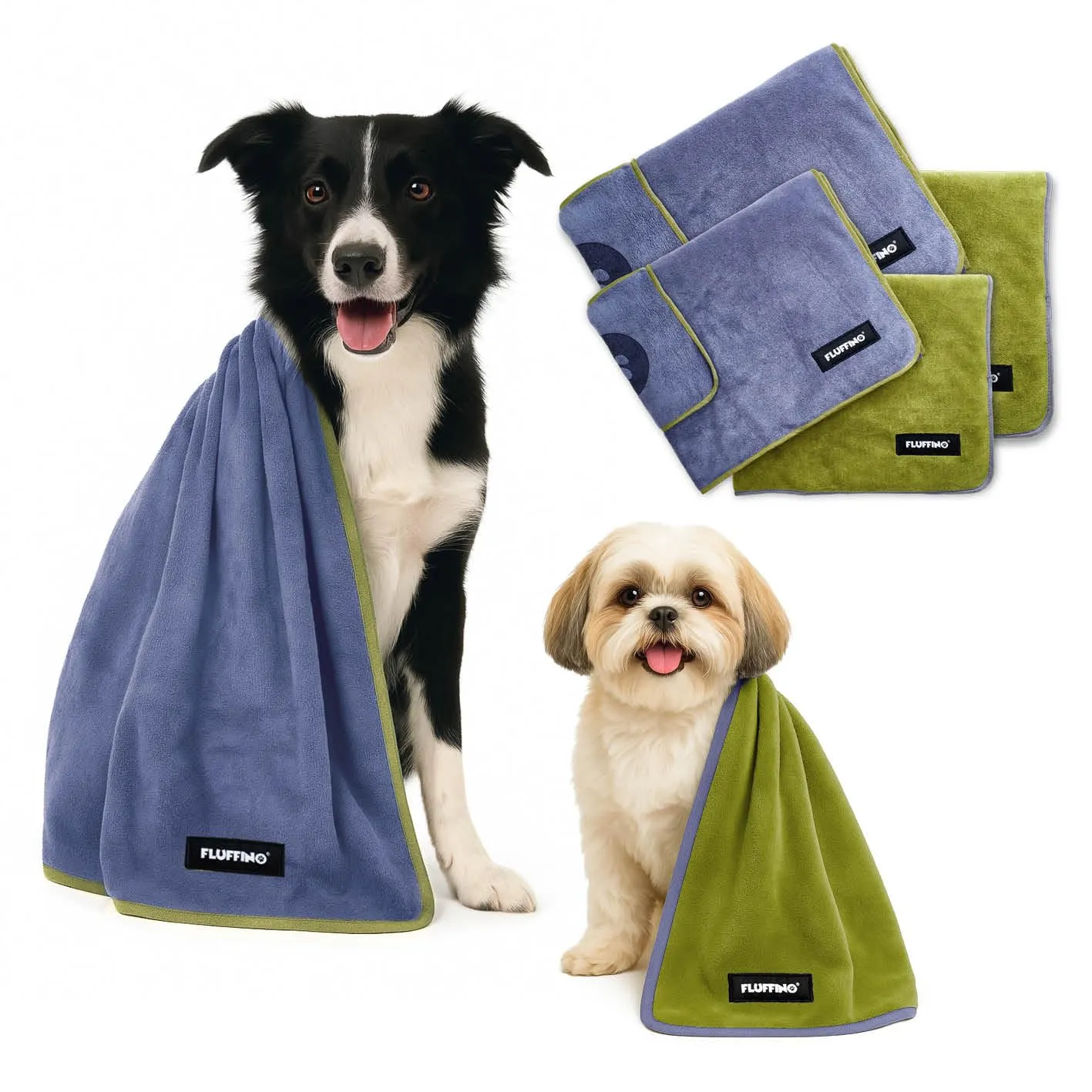 FLUFFINO Set di 4 asciugamani per cani, 2 asciugamani da 120 x 70 cm e 2 da 90 x 50 cm, estremamente assorbenti e morbidi, lavabili a 60 °C, ad asciugatura rapida, per cani di taglia piccola, media e - immagine 1