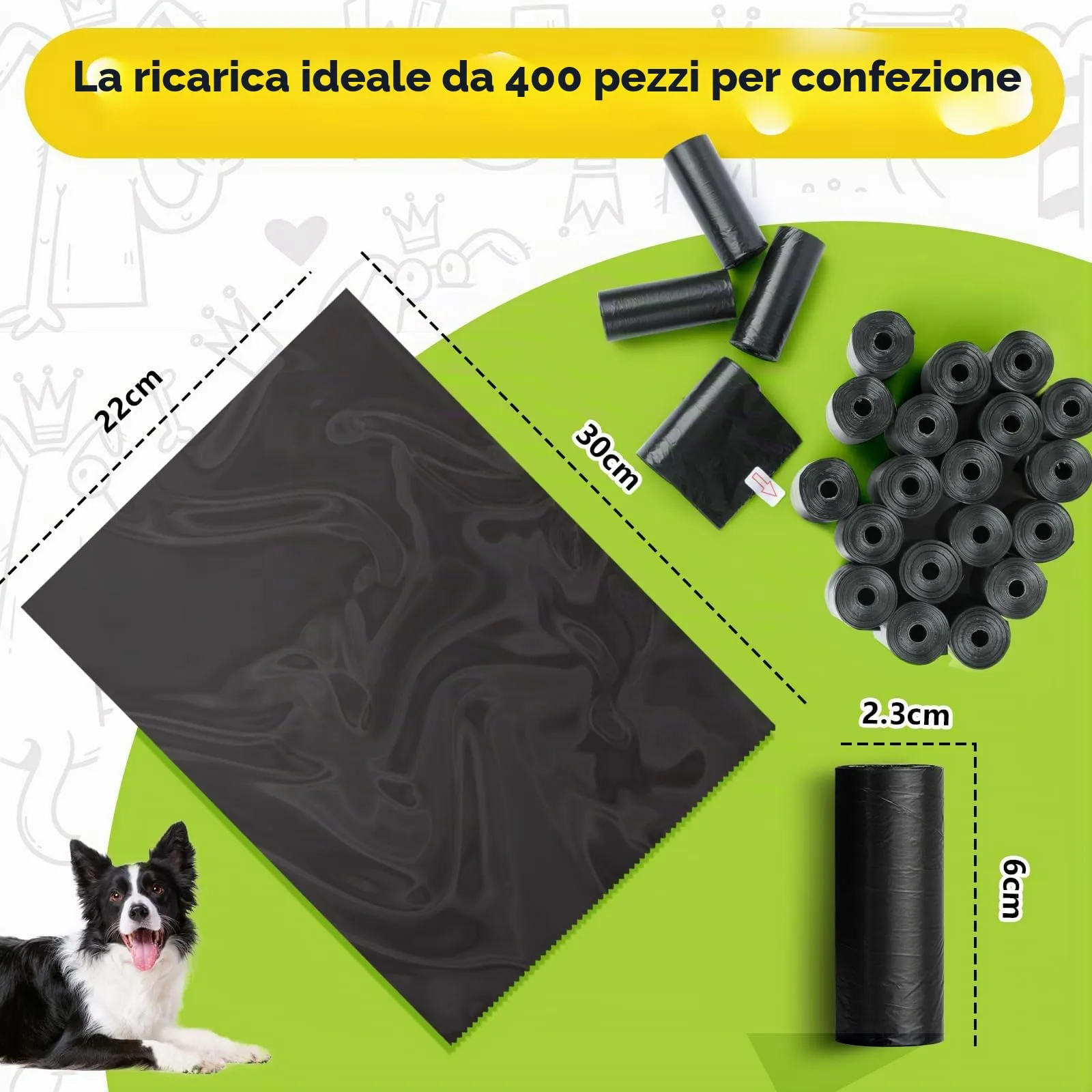 AiQInu 400 Pezzi Sacchetti Cane Cacca, Nero Sacchetti per Cani, Portatili Bustine Cane, Sacchetti per Escrementi di Cani, Spessi, 22 * 30cm (20 Rotoli, 20 per Rotolo) - immagine 2