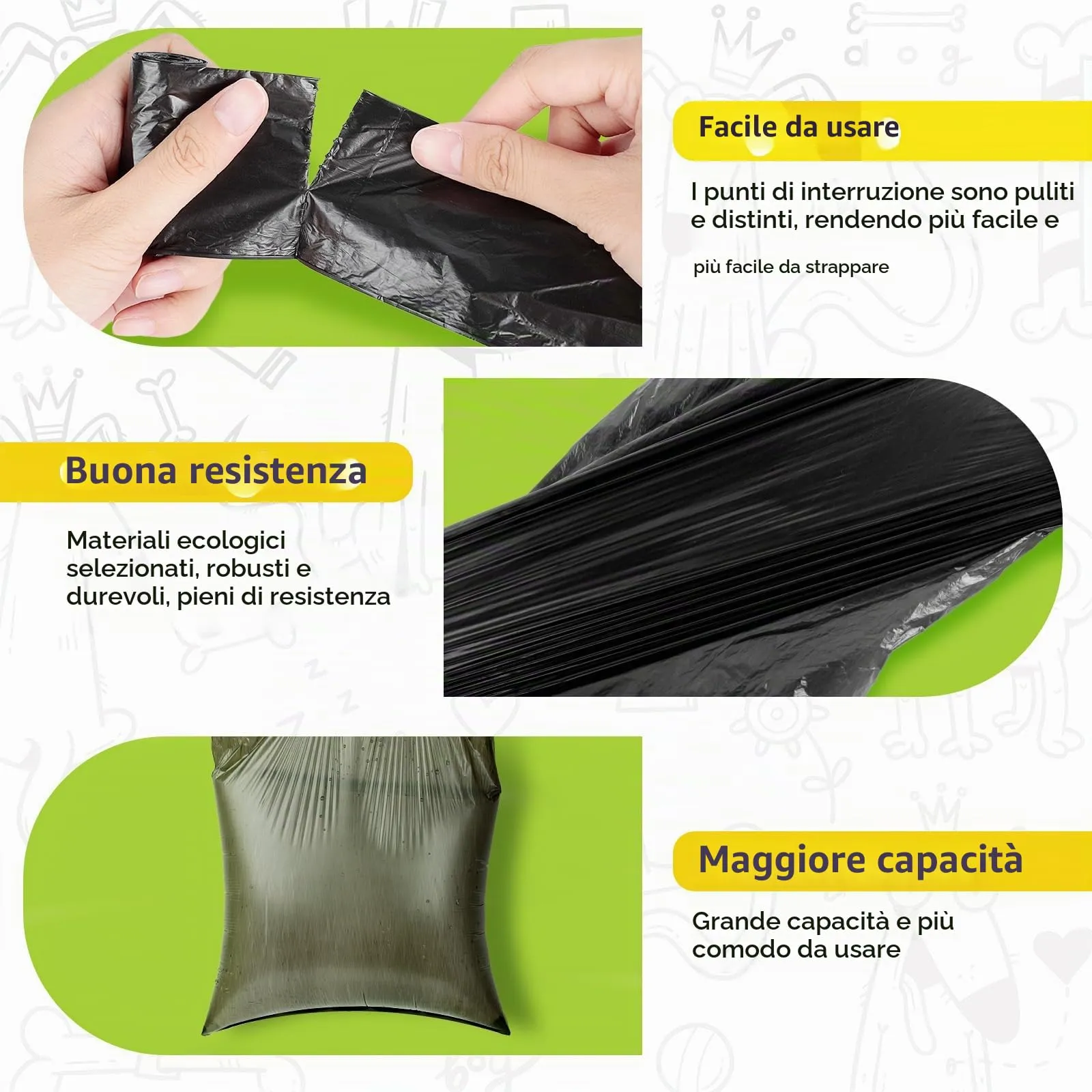 AiQInu 400 Pezzi Sacchetti Cane Cacca, Nero Sacchetti per Cani, Portatili Bustine Cane, Sacchetti per Escrementi di Cani, Spessi, 22 * 30cm (20 Rotoli, 20 per Rotolo) - immagine 3