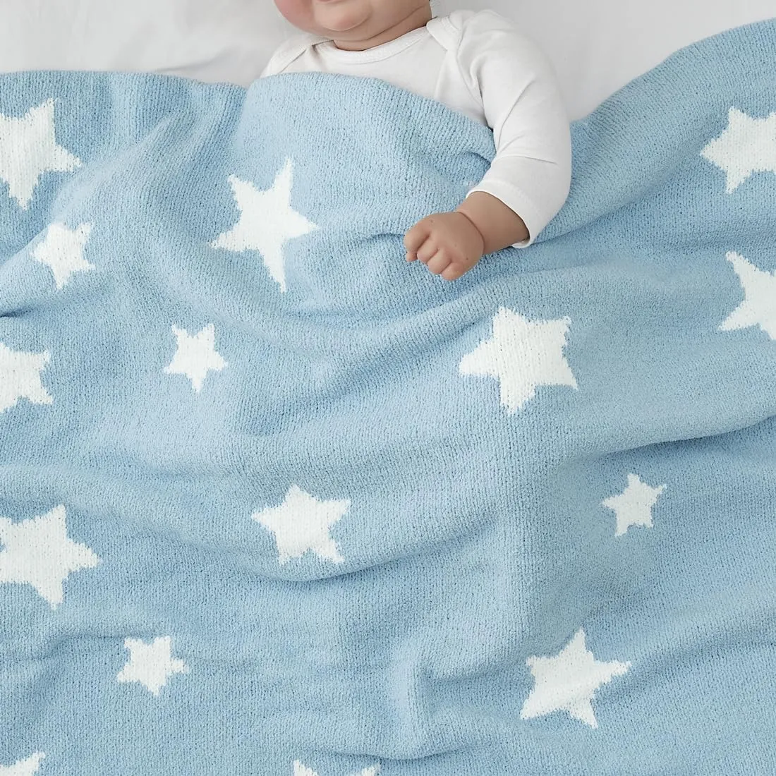 Crevent Copertina per bambini in ciniglia da 75 x 100 cm, confortevole, morbida e calda, adatta come regalo per neonati, bambini e baby shower, rosa, azzurro con stelle - immagine 2