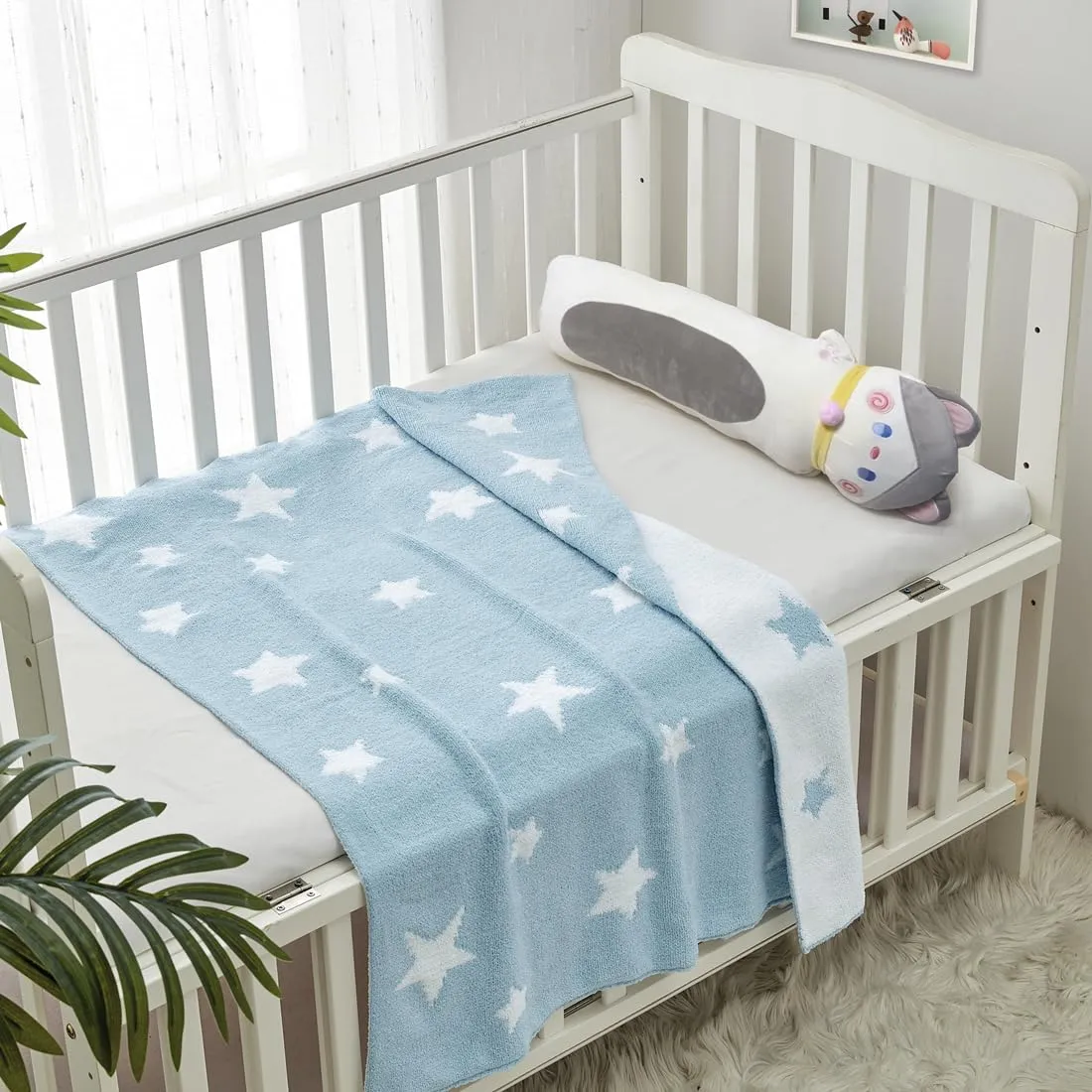 Crevent Copertina per bambini in ciniglia da 75 x 100 cm, confortevole, morbida e calda, adatta come regalo per neonati, bambini e baby shower, rosa, azzurro con stelle - immagine 3