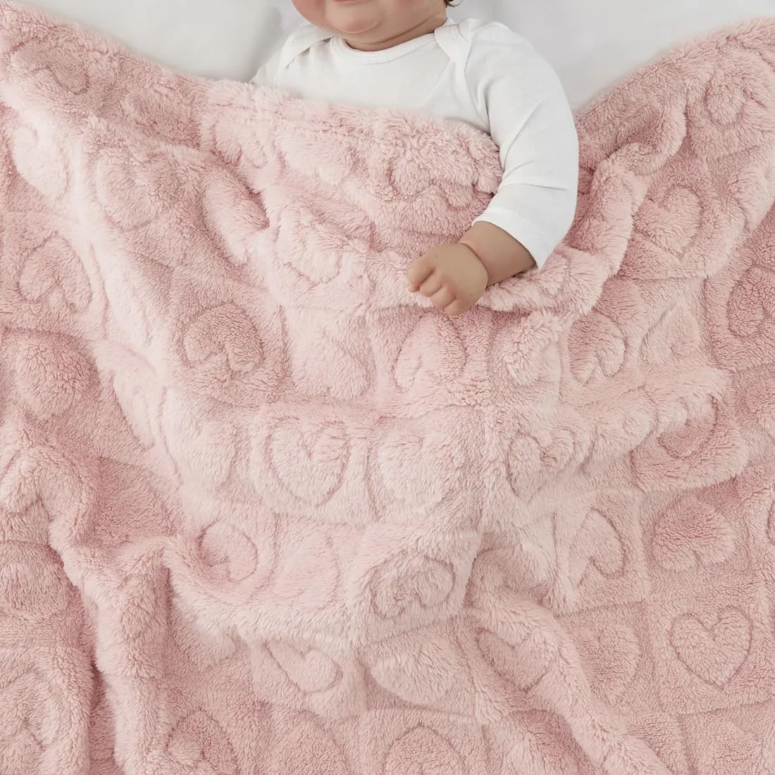 CREVENT Coperta per neonati, 76 x 102 cm, accogliente, morbida, calda, Sherpa, per ragazze e ragazzi, neonato, per neonati, baby shower, cuore rosa - immagine 4