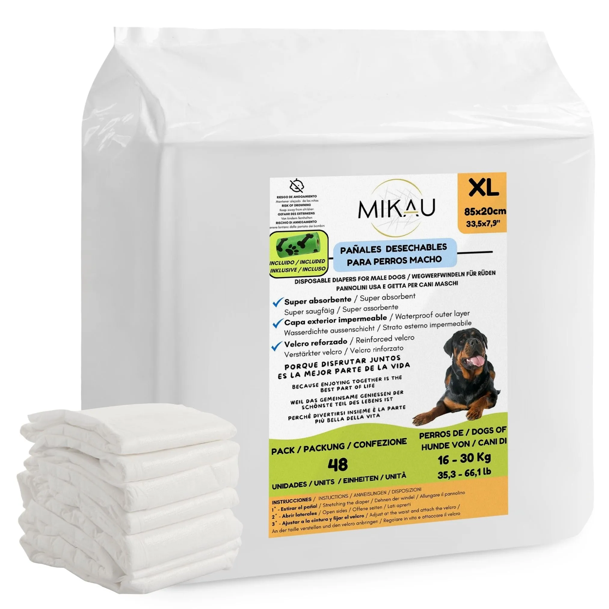 MIKAU - Pannolini per cani maschi ultra assorbenti (confezione da 48), vestibilità anti-perdite, comodi e resistenti, facile da posizionareIncluso il rotolo del sacchetto per la cacca - immagine 1