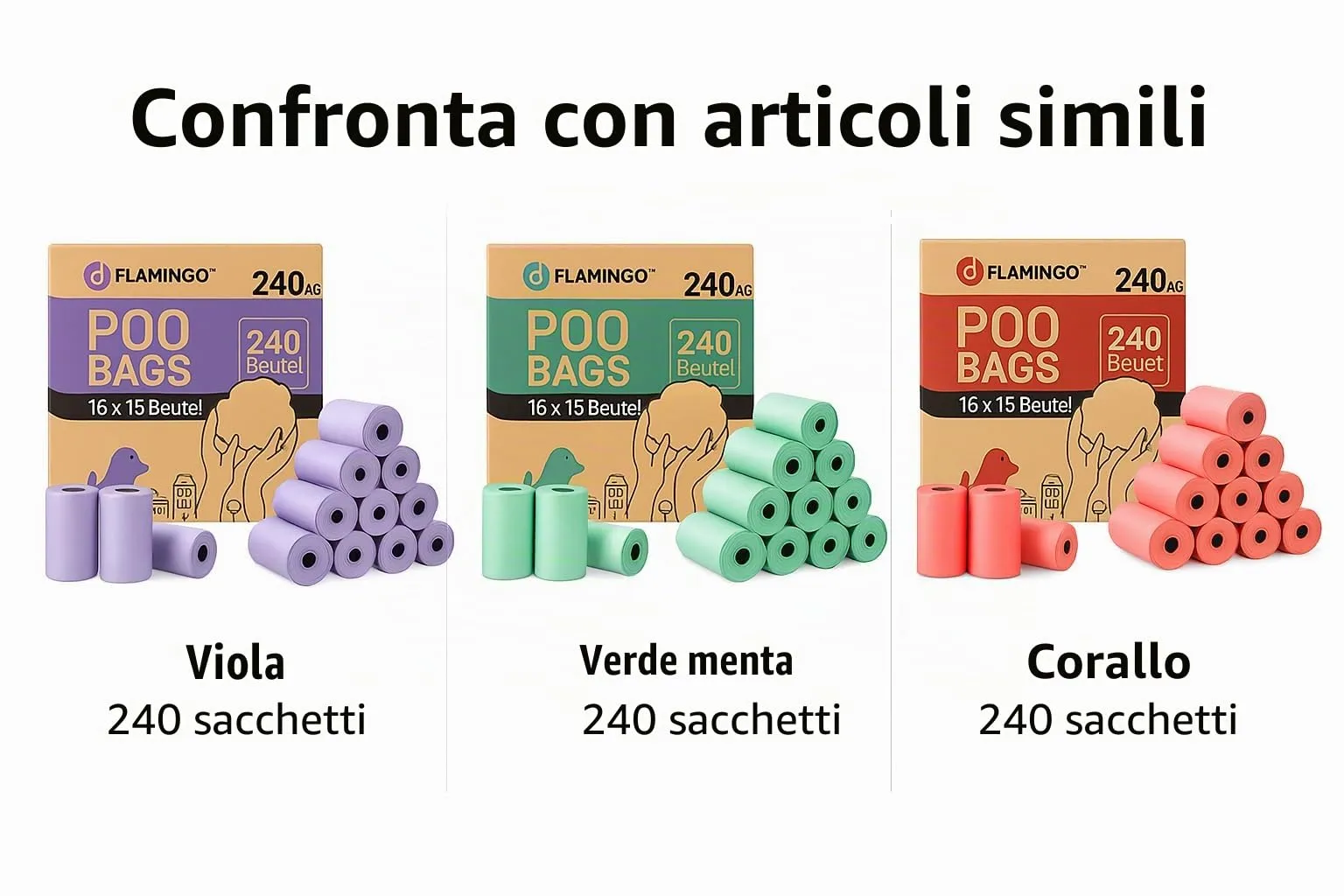 Sacchetti cane cacca – 120 pezzi biodegradabili – 22x32 cm – Colore viola – Flamingo - immagine 4