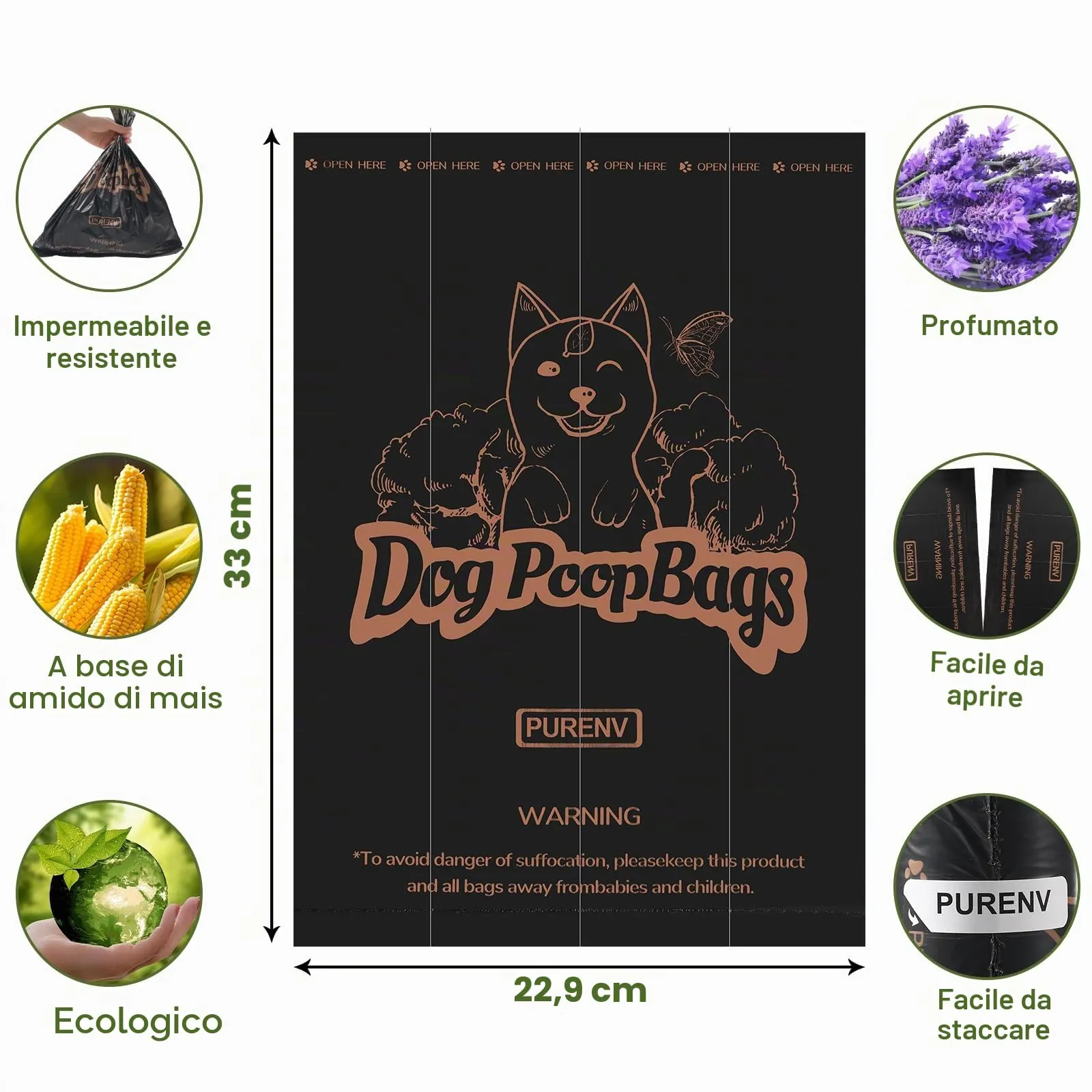 PURENV Biodegradabili Sacchetti Cane, 540 Sacchetti Extra Spesso a Prova di perdite, Sacchetti Cane Fatti da Miscela di Amido di Mais, Con Dispenser E Porta Sacchetti - immagine 4