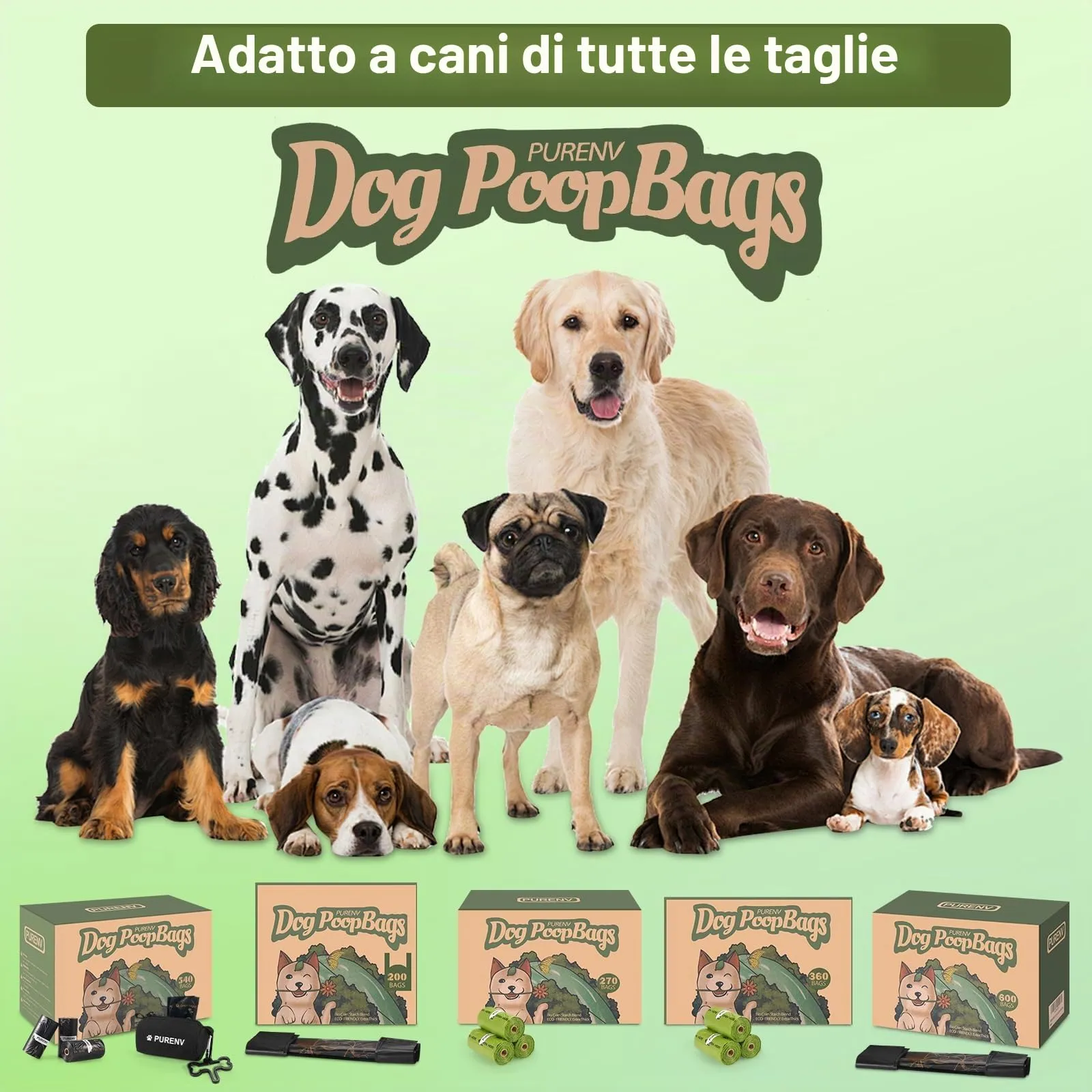 PURENV Biodegradabili Sacchetti Cane, 540 Sacchetti Extra Spesso a Prova di perdite, Sacchetti Cane Fatti da Miscela di Amido di Mais, Con Dispenser E Porta Sacchetti - immagine 6