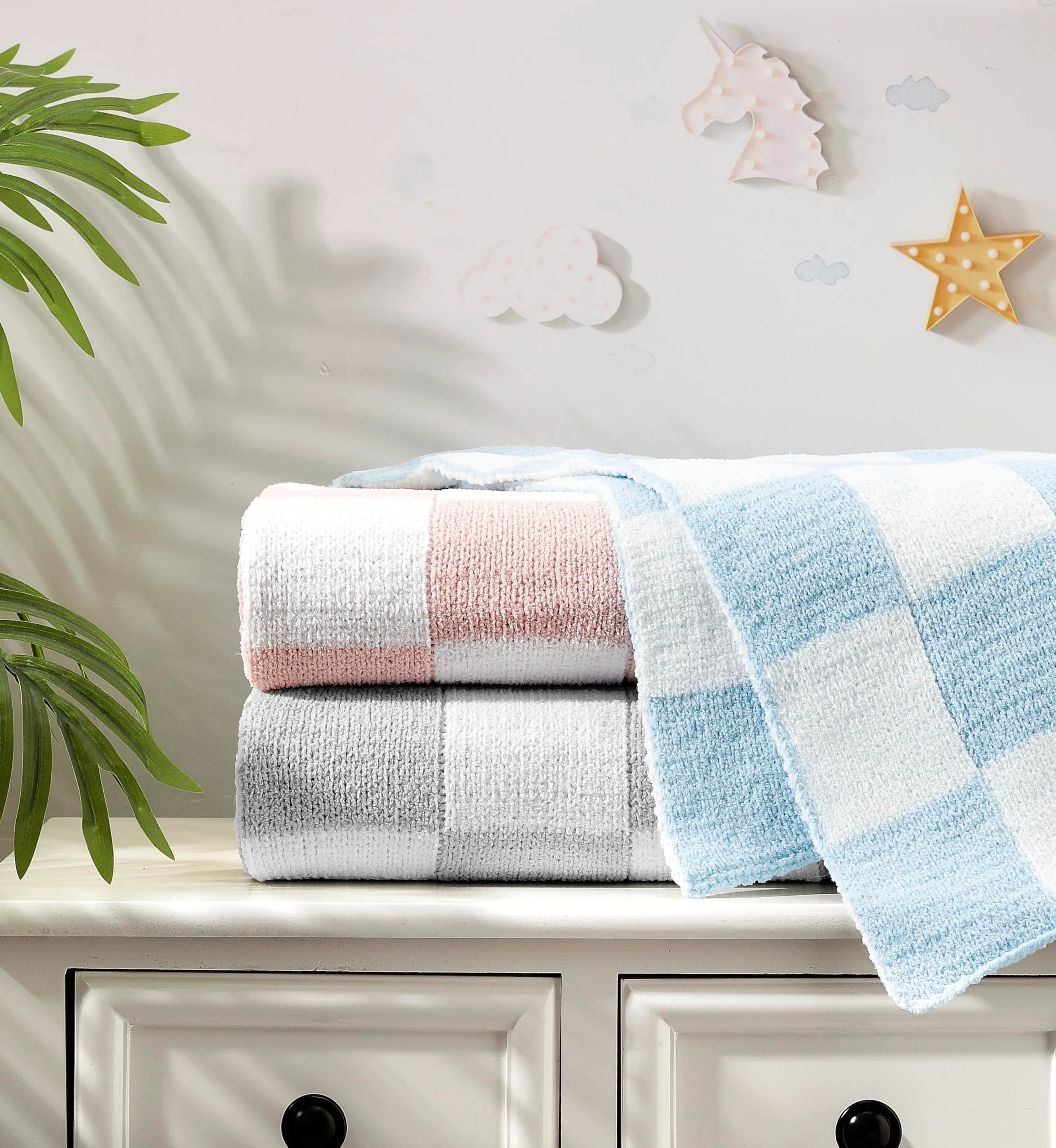 CREVENT Coperta morbida e calda in ciniglia per neonati, ideale come regalo di ricevimento, a quadretti, 75 x 100 cm - immagine 6