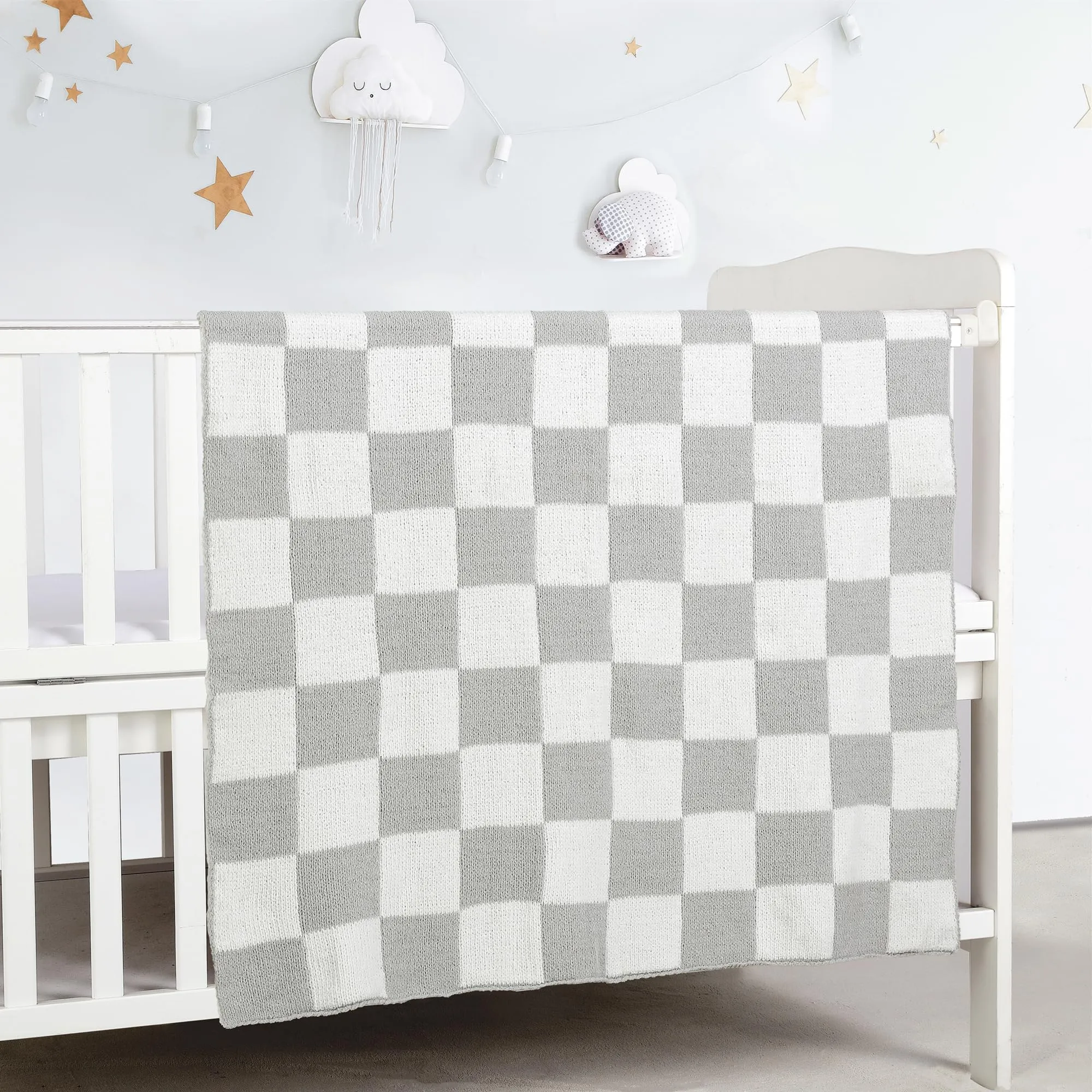 CREVENT Coperta morbida e calda in ciniglia per bambine e ragazzi, essenziale per neonati, regalo per baby shower, 75 x 100 cm, colore: grigio a quadri - immagine 2