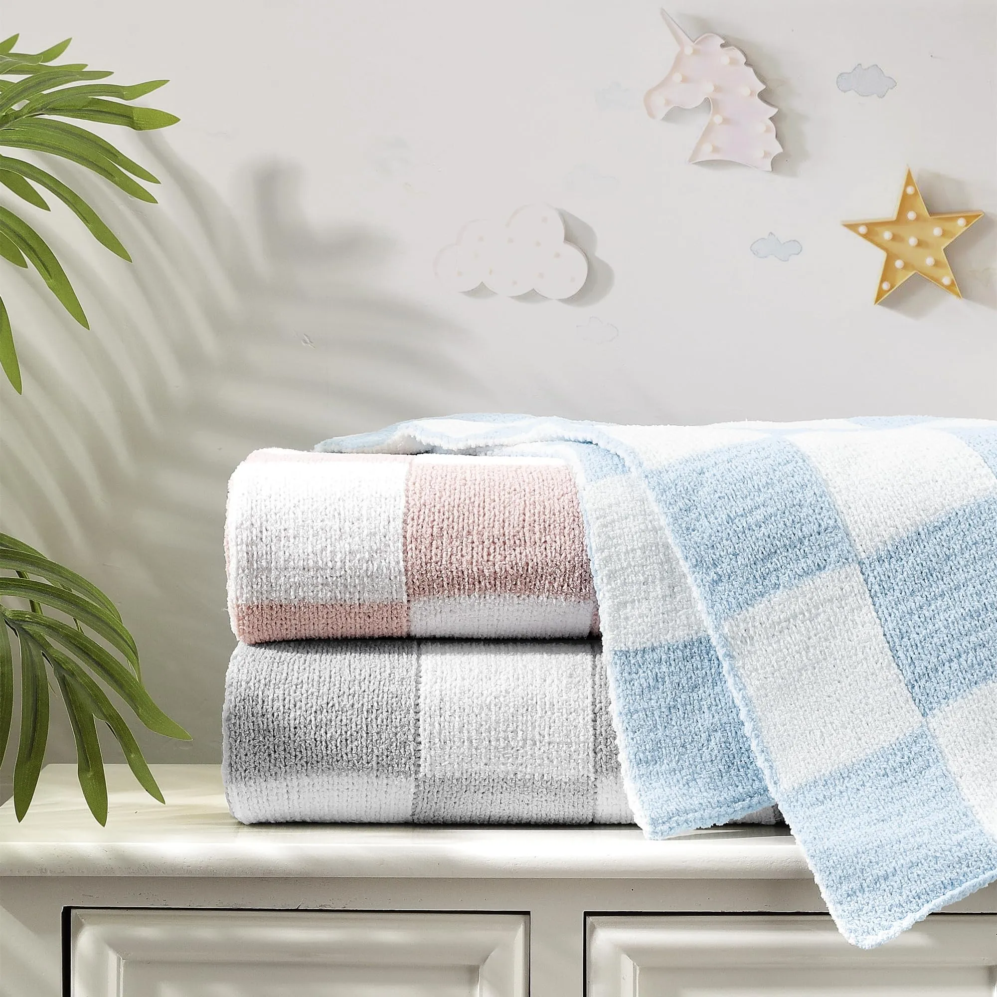 CREVENT Coperta morbida e calda in ciniglia per bambine e ragazzi, essenziale per neonati, regalo per baby shower, 75 x 100 cm, colore: grigio a quadri - immagine 6