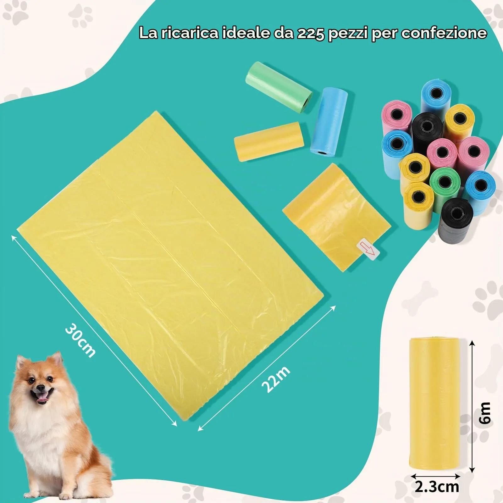 AiQInu 225 Pezzi Sacchetti Cane Cacca, Colorato Sacchetti per Cani, Portatili Bustine Canes, Sacchettis per Escrementi di Cane, 22 * 30cm (15 Rotoli, 15 per Rotolo) - immagine 2
