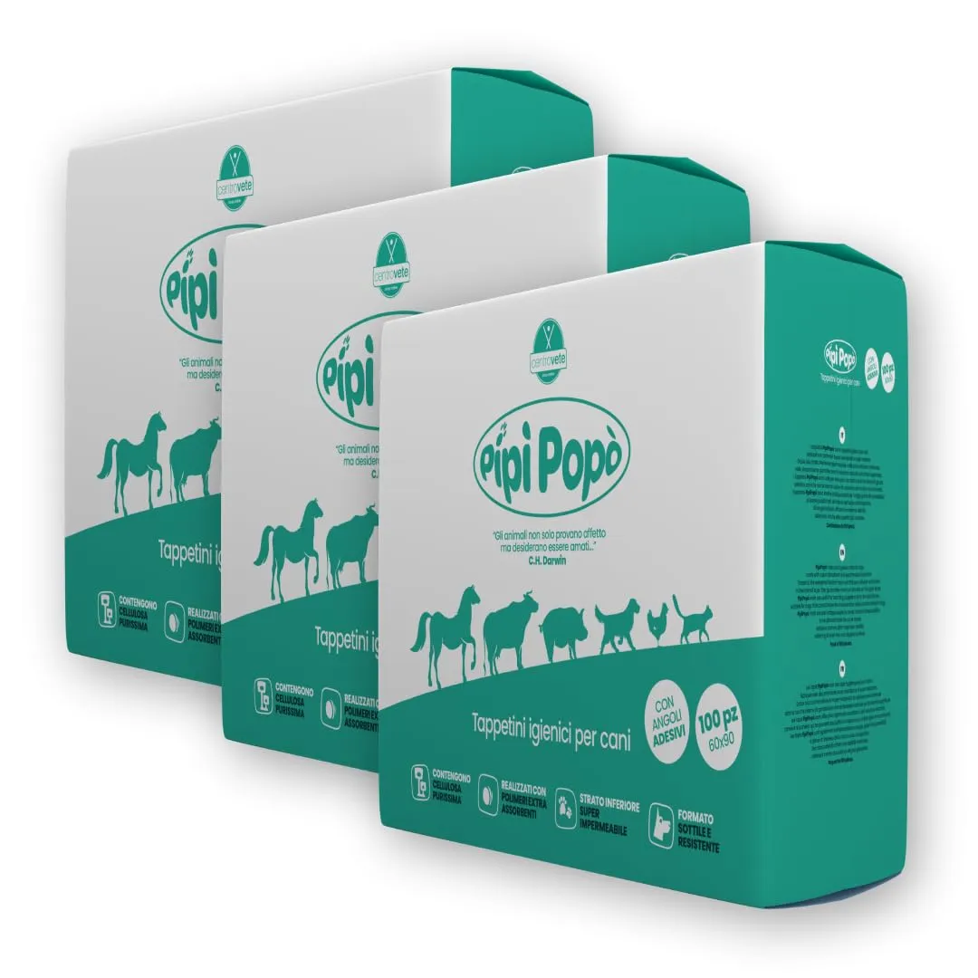 Centrovete - PipiPopo Tappetini Igienici Assorbenti Monouso - Per Cani e Gatti - Traversine con Design a 5 Strati - Angoli Adesivi e Neutralizzazione degli Odori - 3 Confezioni da 100 Pezzi - 60x90cm - immagine 1