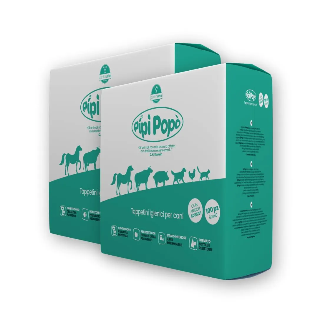 Centrovete - PipiPopo Tappetini Igienici Assorbenti Monouso - Per Cani e Gatti - Traversine con Design a 5 Strati - Angoli Adesivi e Neutralizzazione degli Odori - 2 Confezioni da 100 Pezzi - 60x60cm - immagine 1