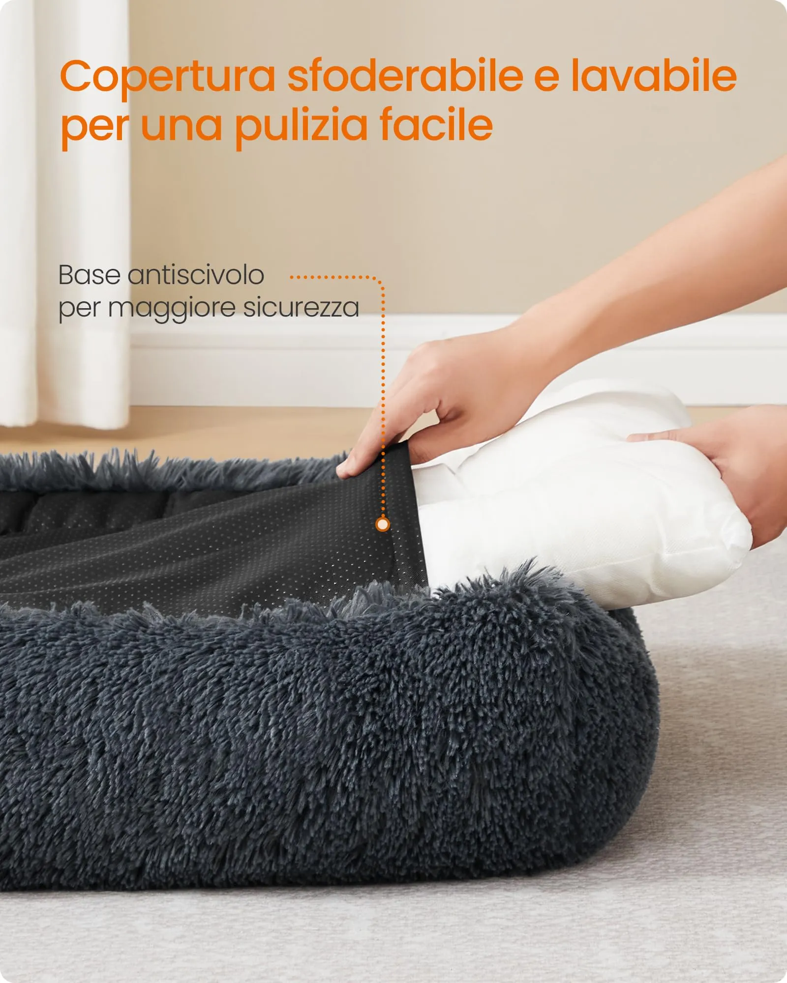 Feandrea Cuccia per Cani, Divano per Cani Medio, 71 x 55 x 18 cm, Cuscino per Animali, Imbottitura Morbida Bordi Rialzati, Sfoderabile e Lavabile, Antiscivolo, Grigio Scuro PGW271GR01 - immagine 5