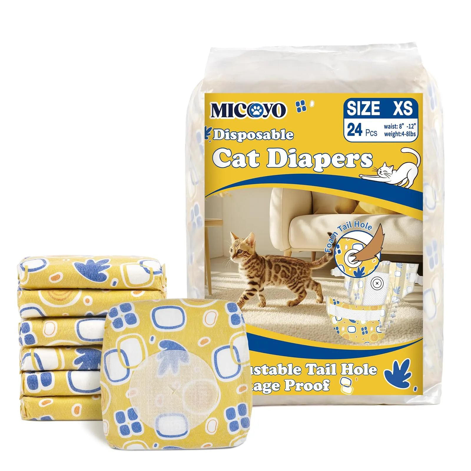 MICOOYO pannolini per gatti, pannolini per gatti super assorbenti con fori in schiuma regolabili, mutandine-pannolino usa e getta per cagne in calore (XS, 24 pezzi) - immagine 1